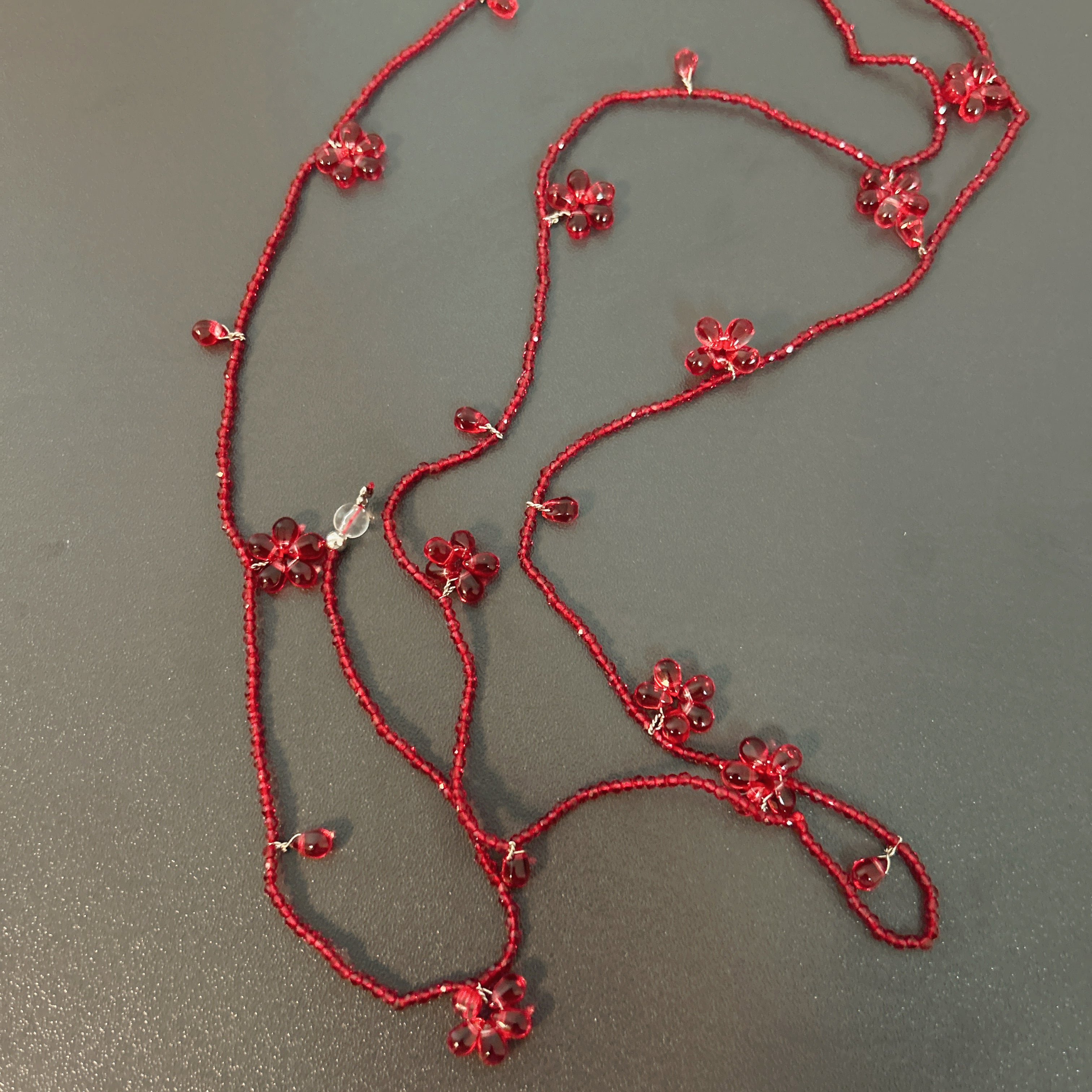 Handmade Deep Red Seed Bead Long Wrap Necklace | Scattered Flower Bead Crystal Drop Lariat Boho Statement