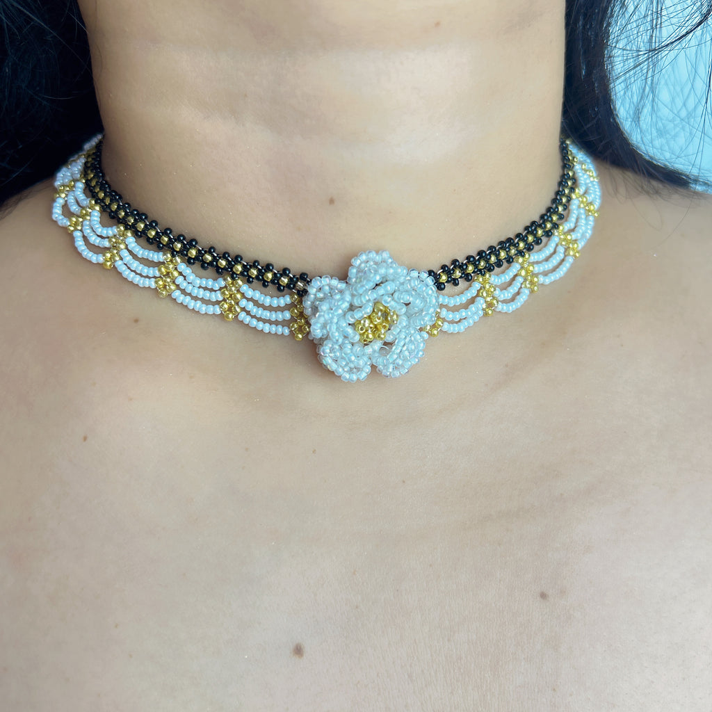 Handmade Black & White Wave Lace Beaded Choker Necklace | 3D White Rose Center Yellow-Green Stamen Cottagecore