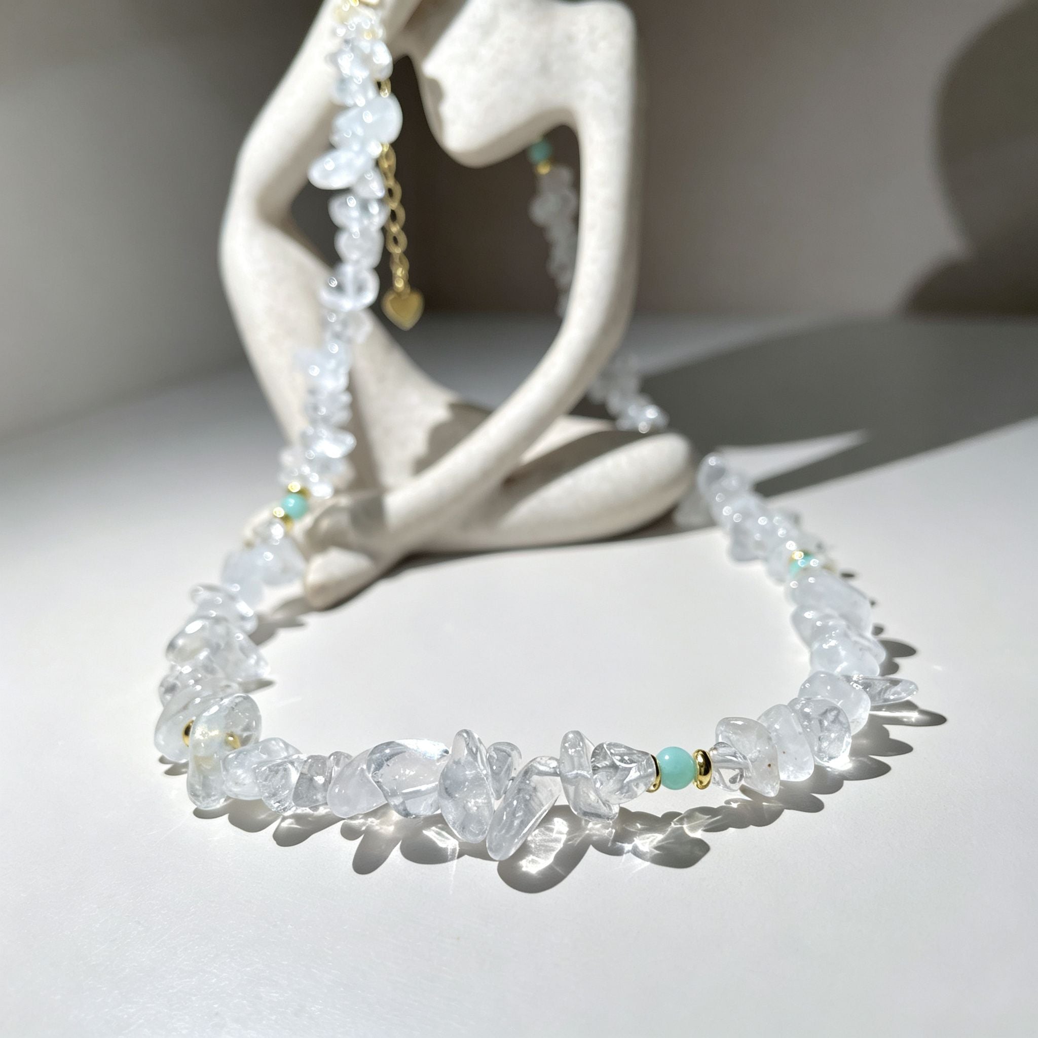 Handmade Clear Quartz Crystal Chip Stone Choker Necklace | Raw Natural Stone Light Blue Gold Accent