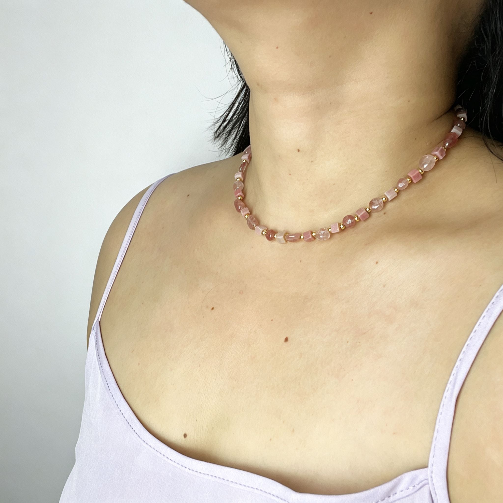 Handmade Strawberry Quartz Mixed Shape Bead Choker Necklace | Pink Natural Stone Gold Spacer