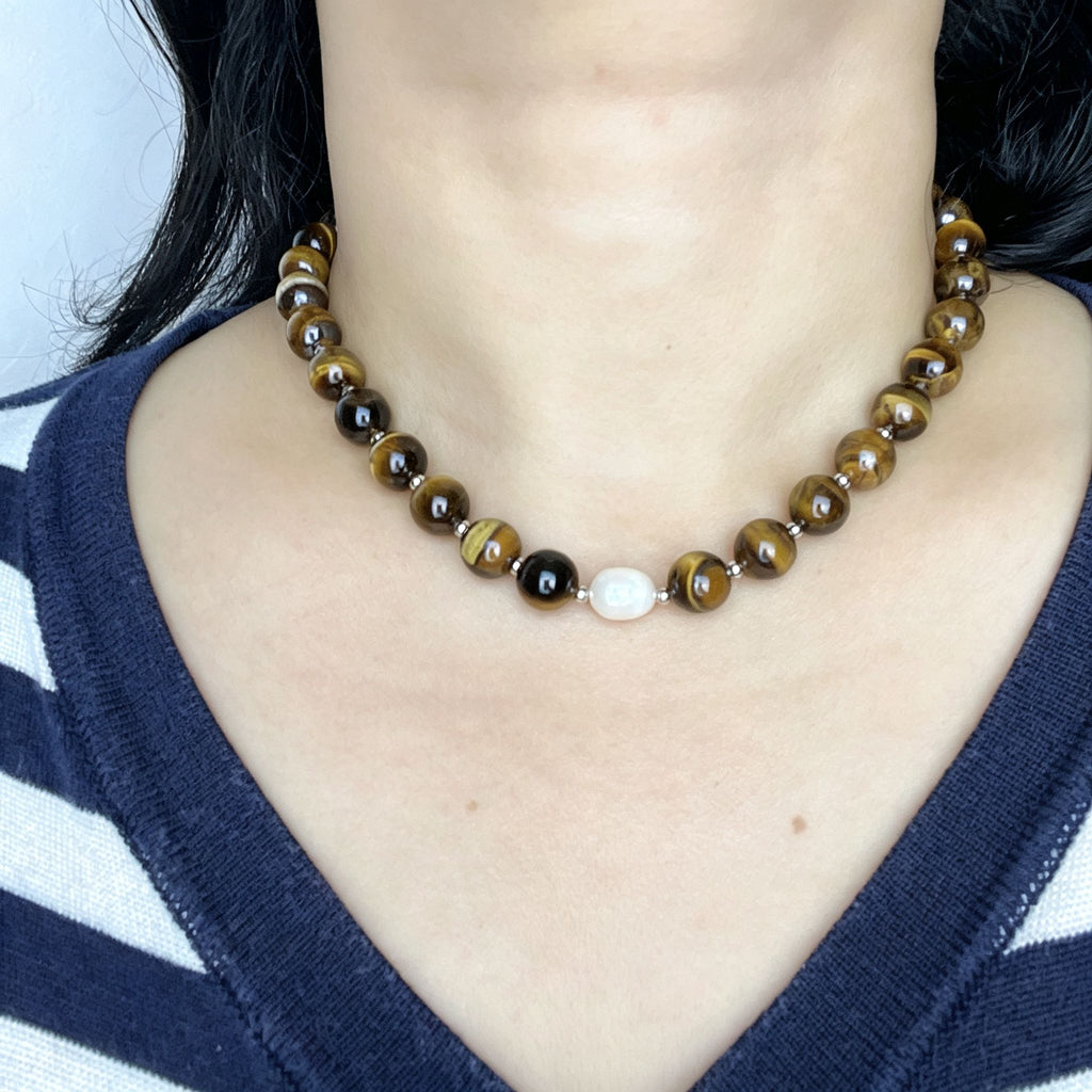 Handmade Tiger Eye Baroque Pearl Statement Necklace | Natural Stone Jewelry