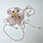 Handmade 3D Pink Flower Beaded Statement Necklace | Fairycore Floral Lariat with Pearl Fringe