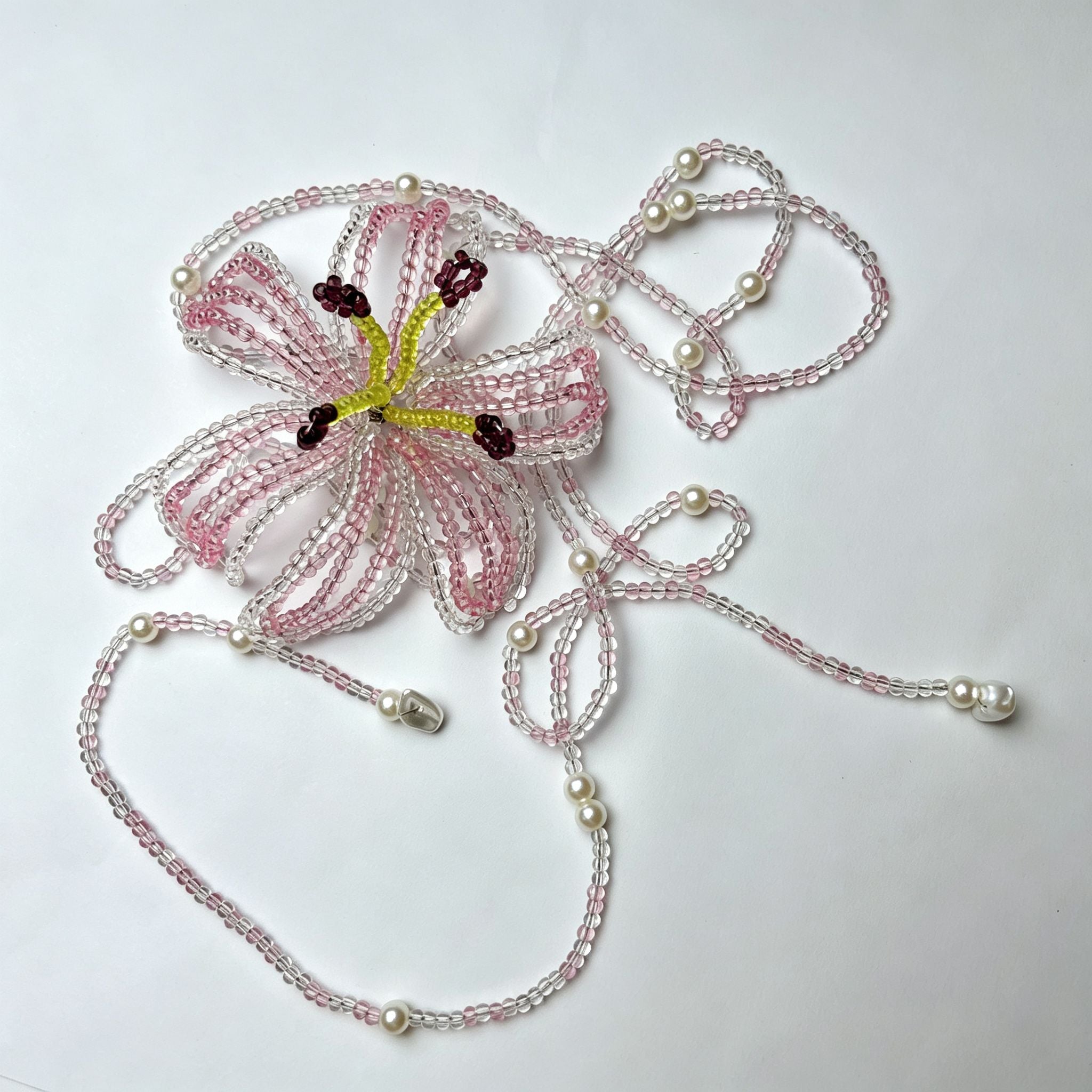 Handmade 3D Pink Flower Beaded Statement Necklace | Fairycore Floral Lariat with Pearl Fringe