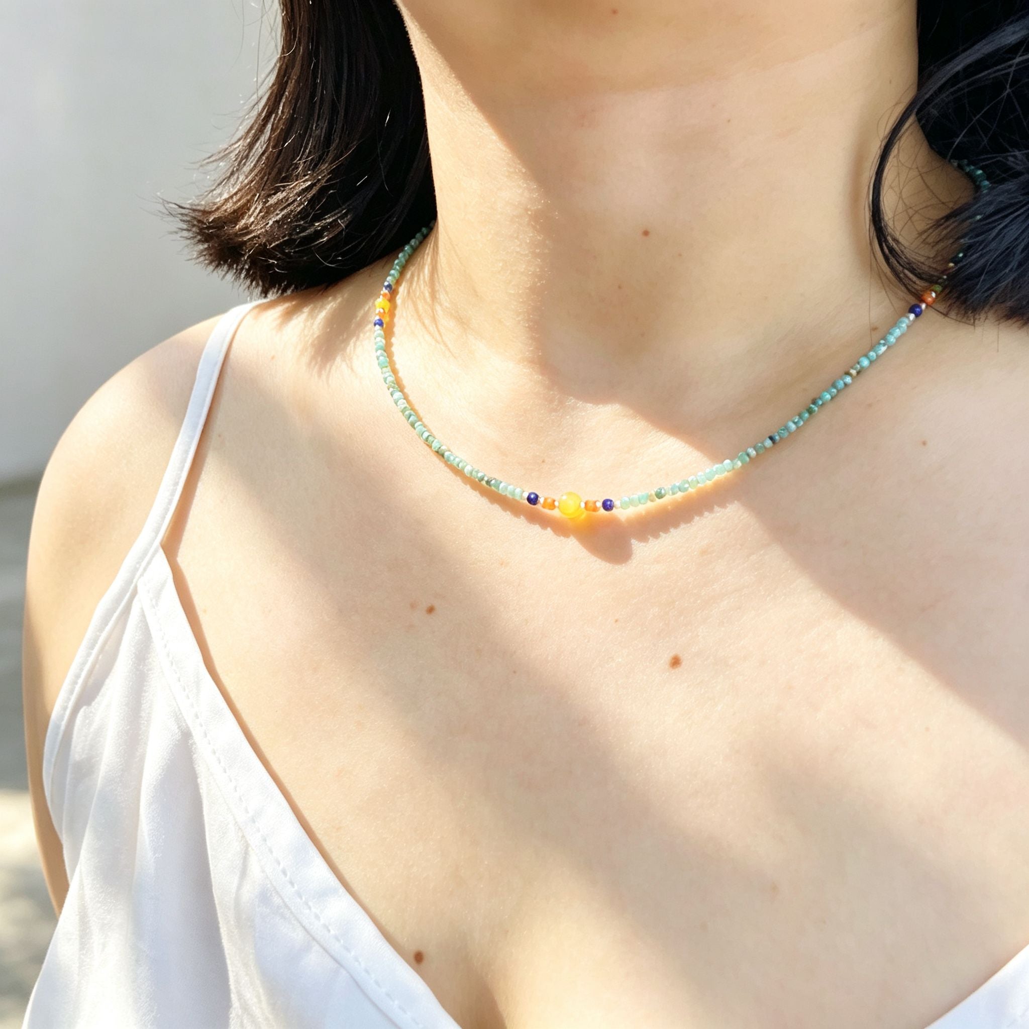 Handmade Mint Green Seed Bead Choker Necklace | Orange Agate Navy Blue Gold Accent