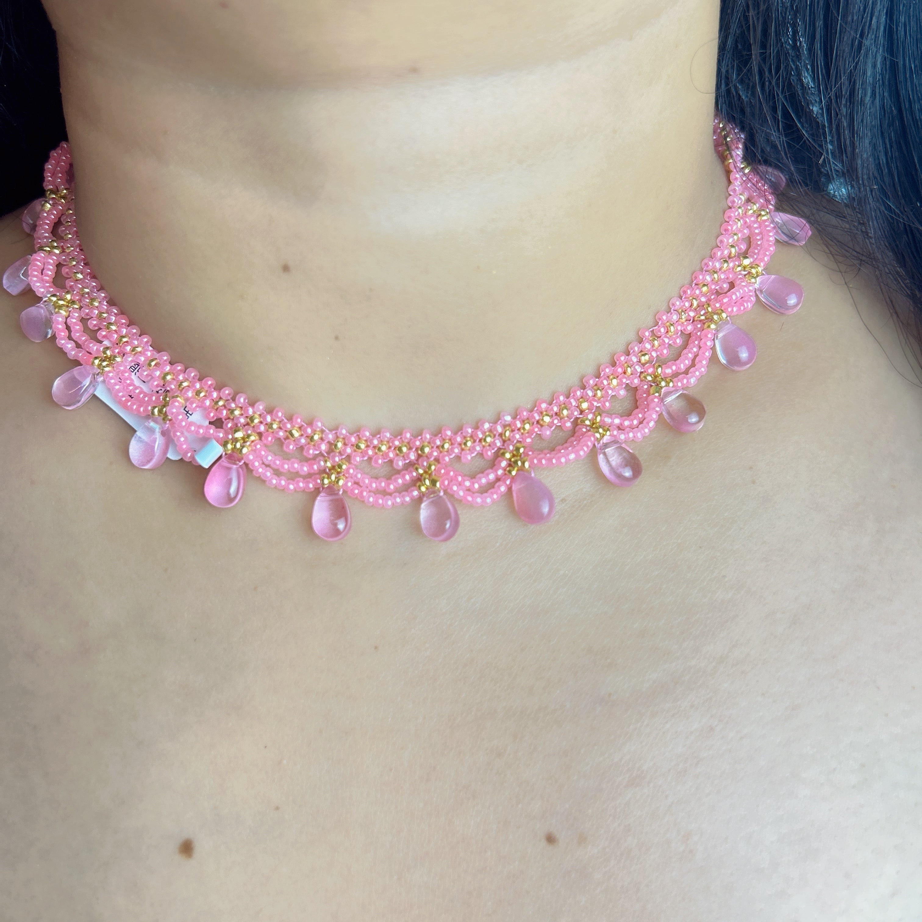 Handmade Pink & Gold Wave Lace Beaded Choker Necklace | Pink Crystal Teardrop Drop Fringe Y2K Princess Collar
