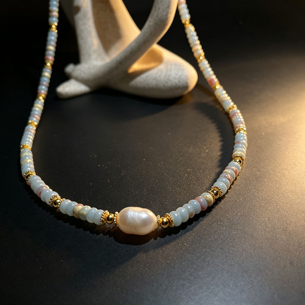 Handmade Grey & Blush Heishi Disc Choker Necklace | Baroque Freshwater Pearl Center Gold Spacer Minimal