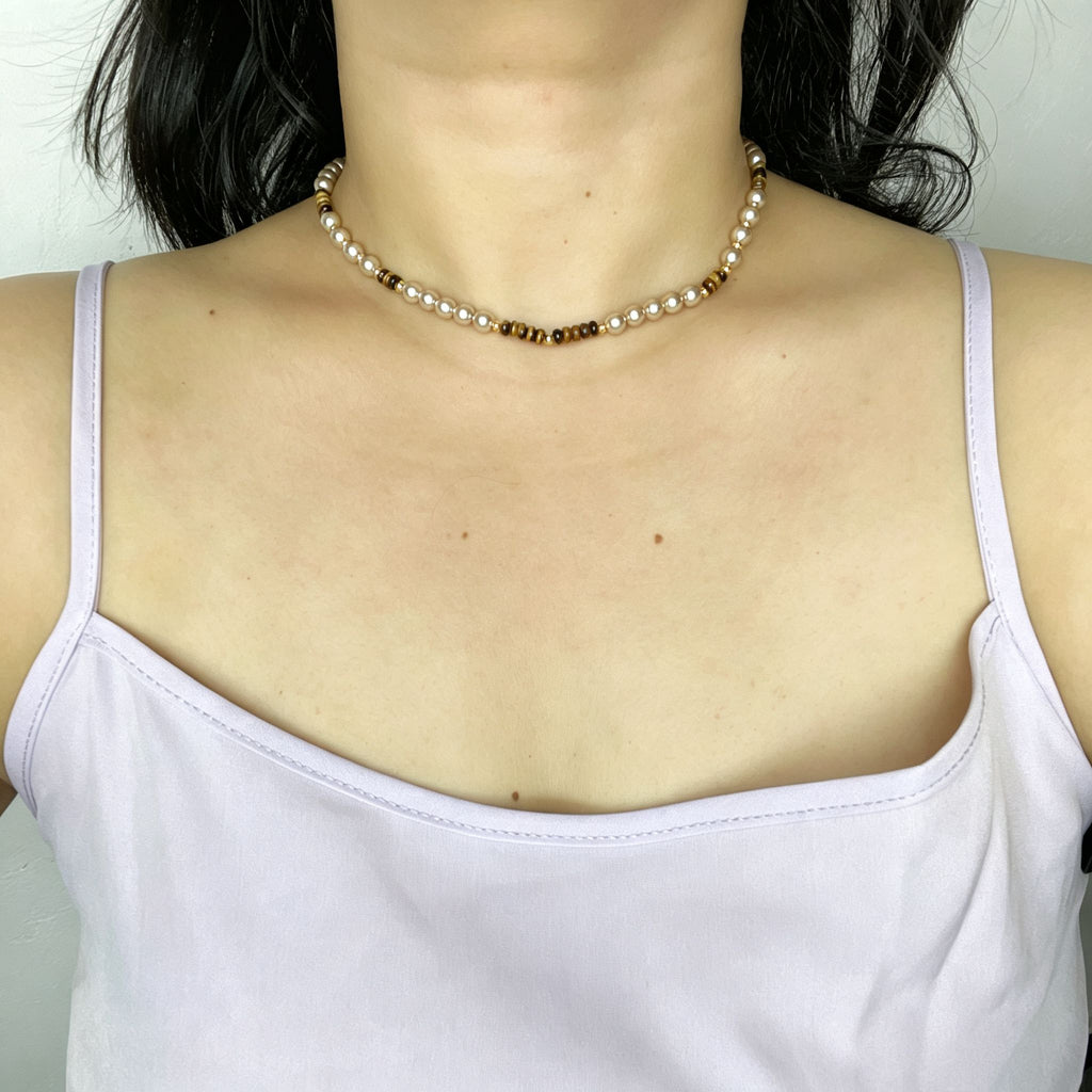 Handmade Pearl & Tiger Eye Disc Choker Necklace | Gold Spacer Elegant Natural Stone Jewelry