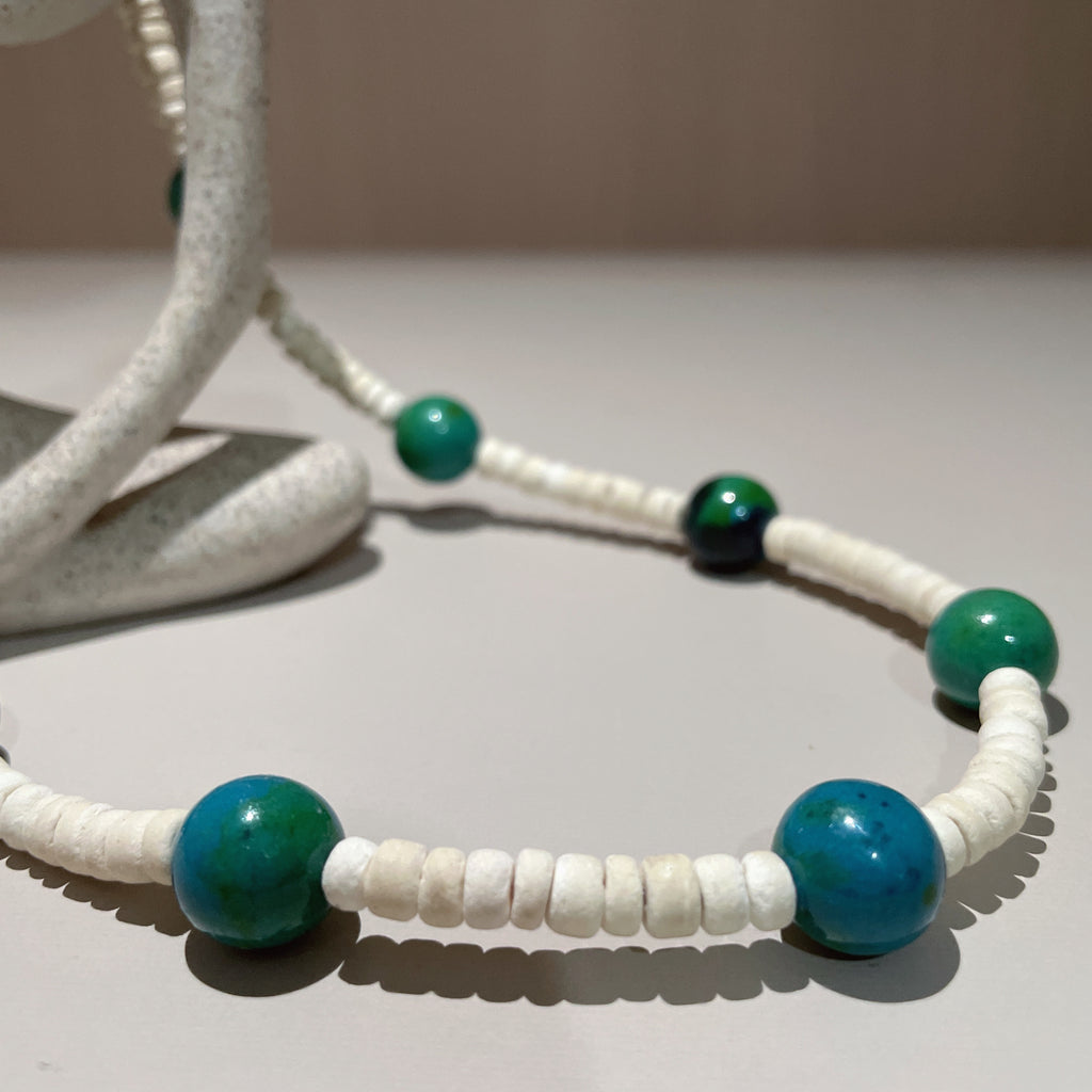 Handmade White Shell Heishi & Green Agate Choker Necklace | Blue Bead Tropical Beach Boho Collar