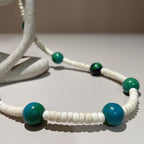 Handmade White Shell Heishi & Green Agate Choker Necklace | Blue Bead Tropical Beach Boho Collar