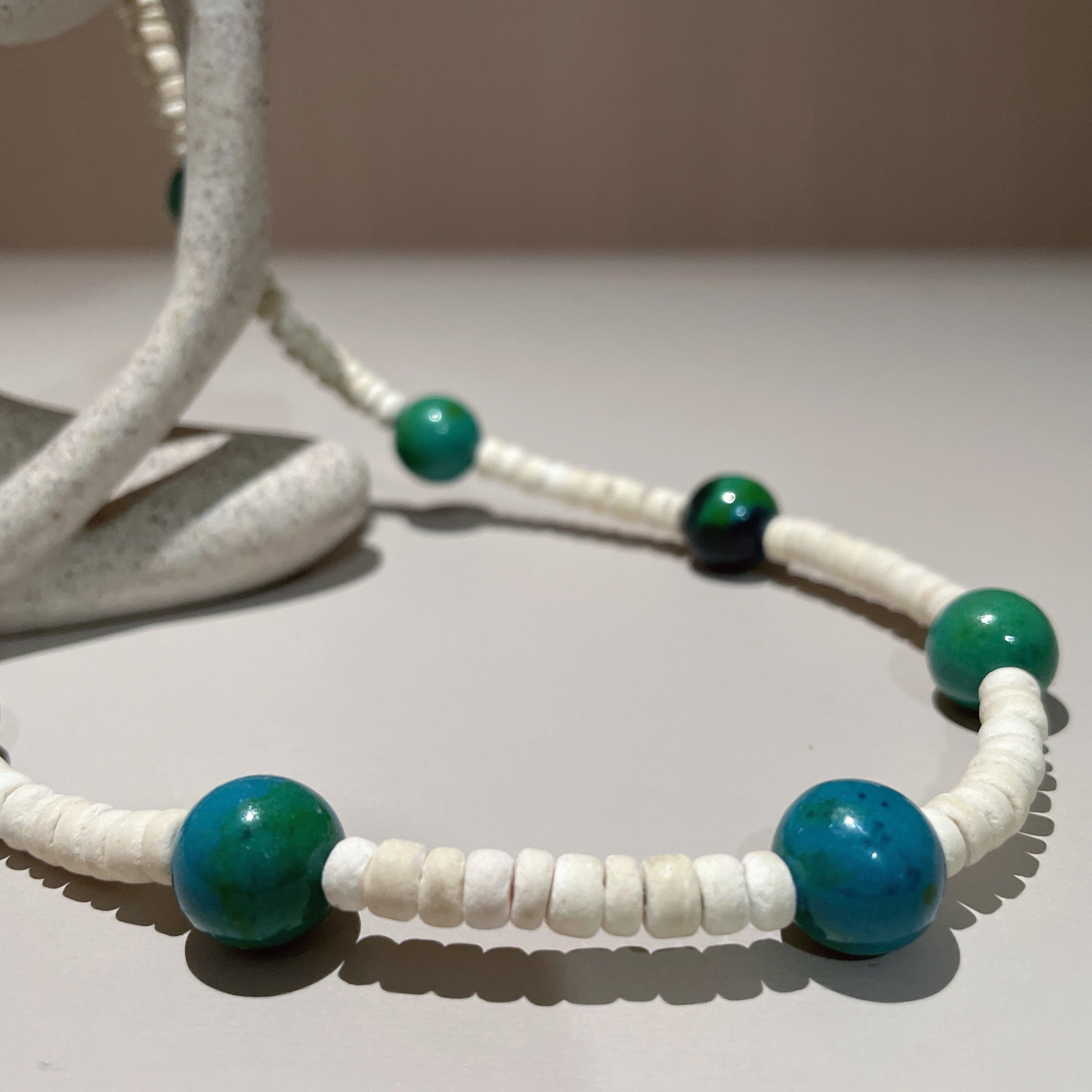Handmade White Shell Heishi & Green Agate Choker Necklace | Blue Bead Tropical Beach Boho Collar