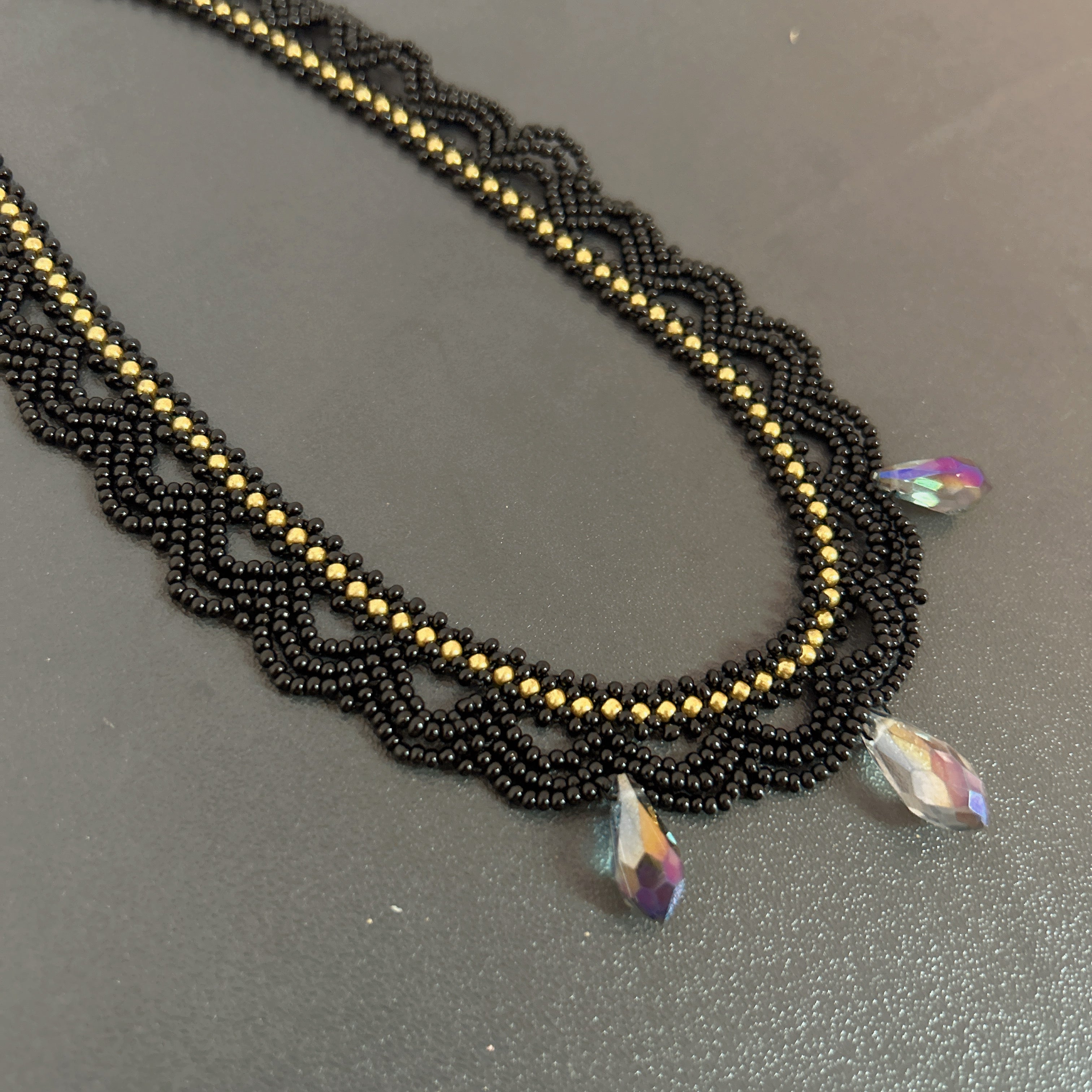 Handmade Black Multi-Layer Wave Lace Beaded Choker Necklace | AB Crystal Teardrop Drop Gothic Fairycore Collar