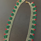 Handmade Silver & Emerald Green Scallop Beaded Choker Necklace | Red Crystal Accent Festive Statement Collar