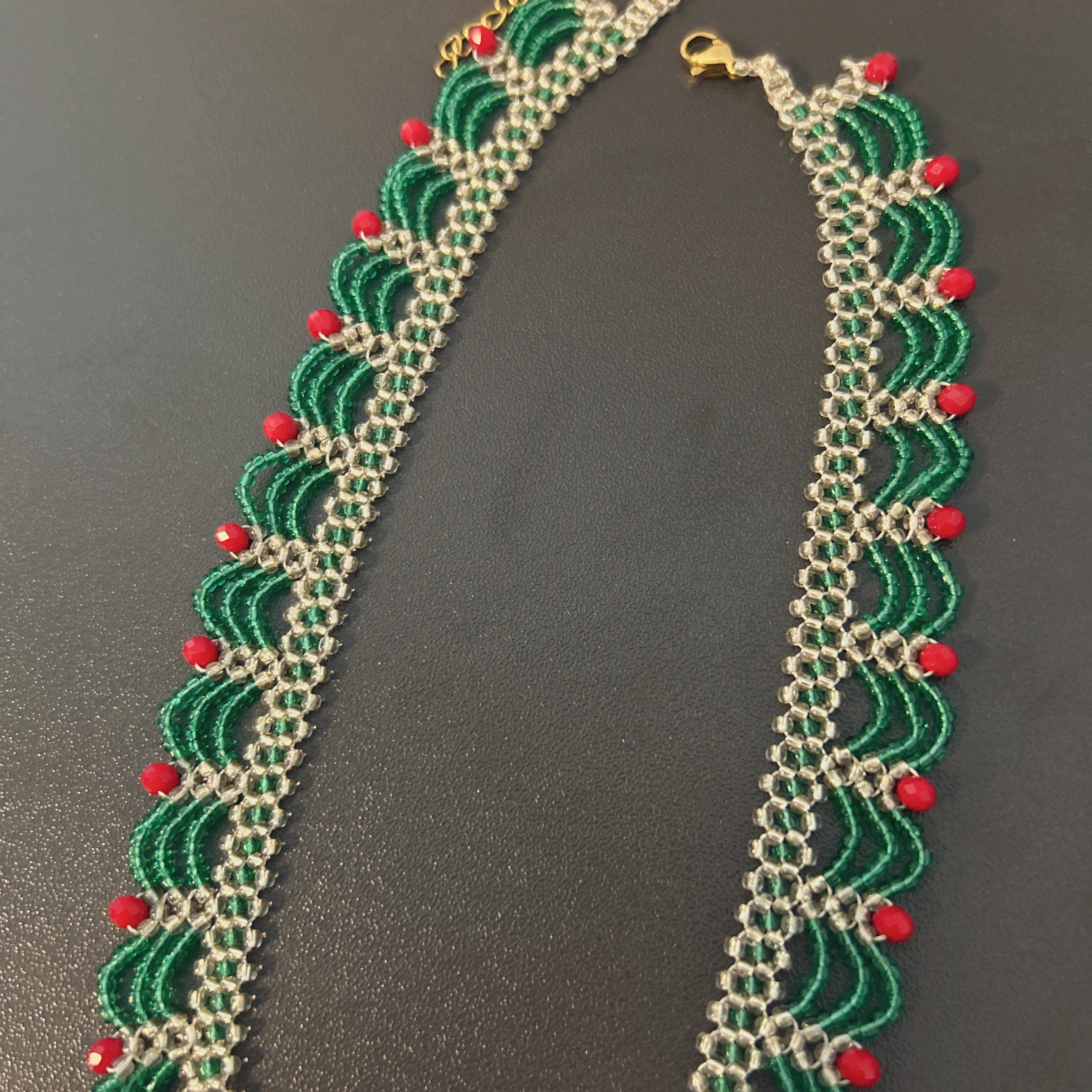 Handmade Silver & Emerald Green Scallop Beaded Choker Necklace | Red Crystal Accent Festive Statement Collar