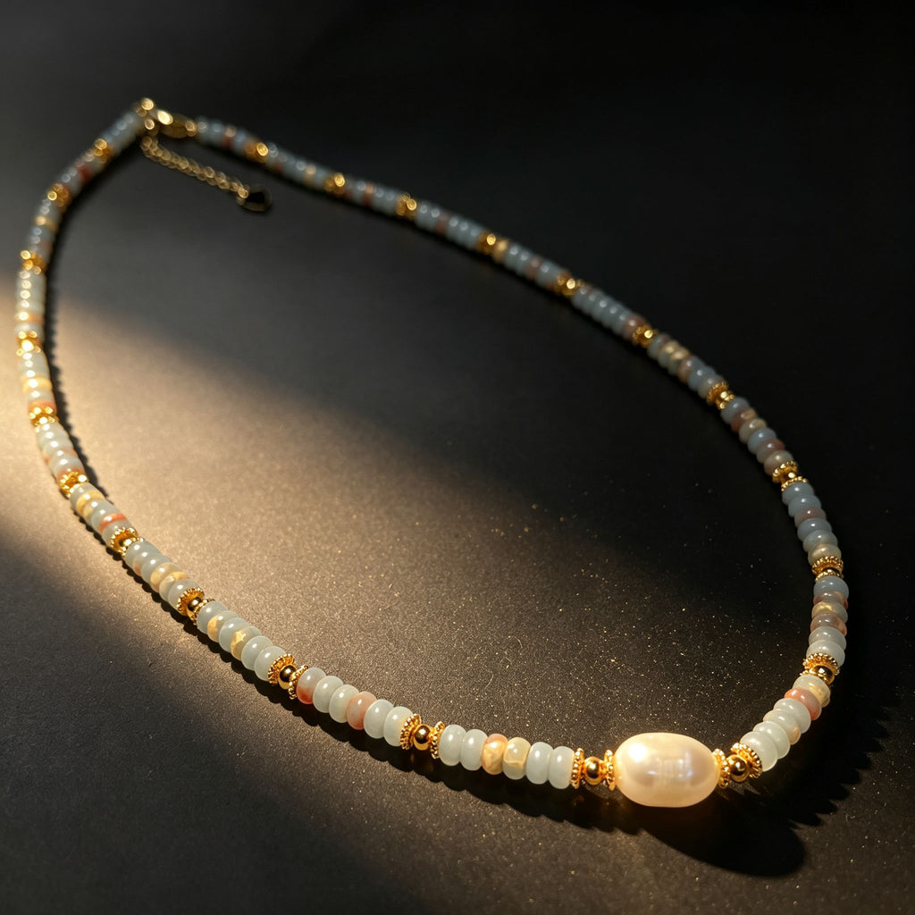 Handmade Grey & Blush Heishi Disc Choker Necklace | Baroque Freshwater Pearl Center Gold Spacer Minimal