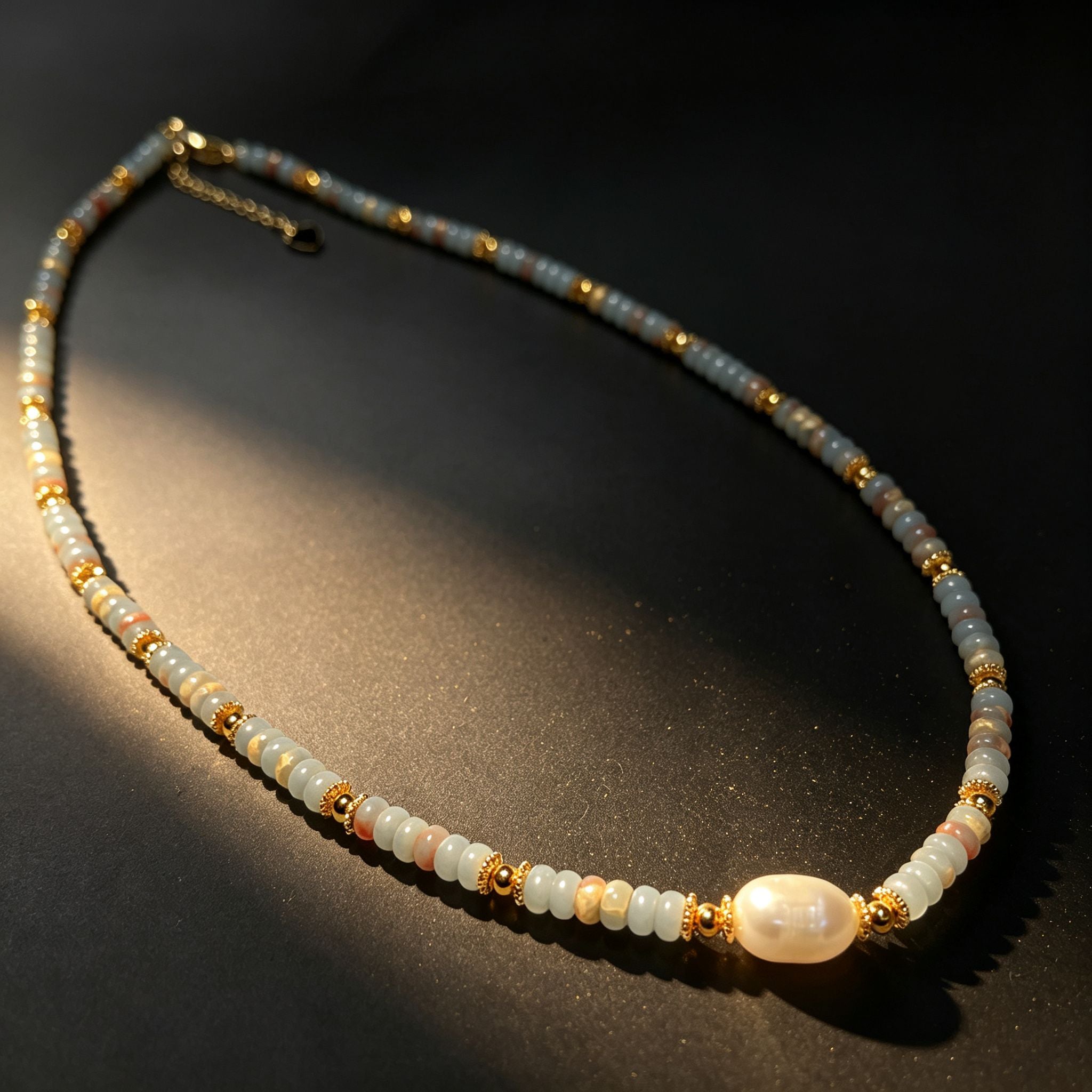 Handmade Grey & Blush Heishi Disc Choker Necklace | Baroque Freshwater Pearl Center Gold Spacer Minimal