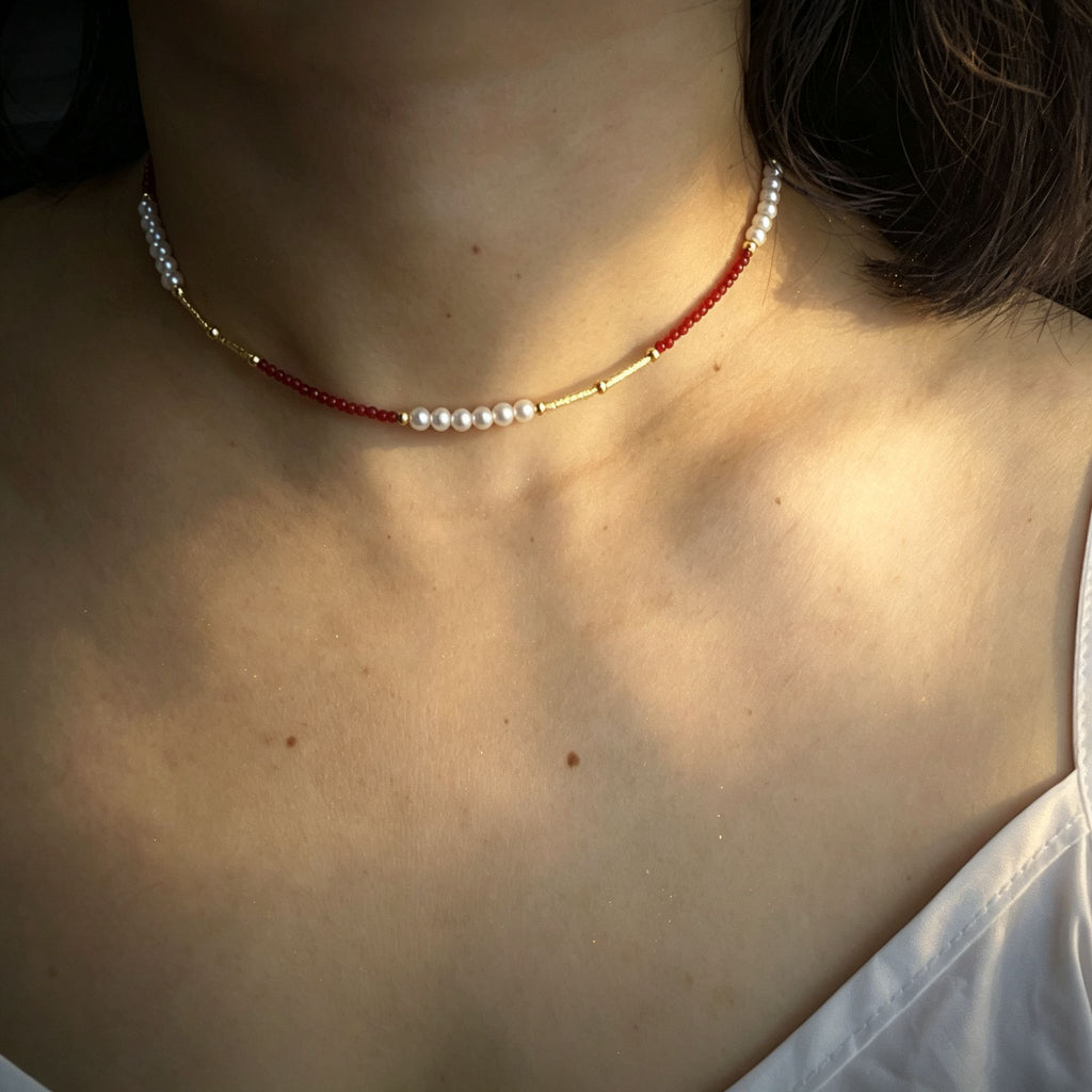 Handmade Red Crystal & Pearl Choker Necklace | Gold Tube Spacer Heart Charm Extender