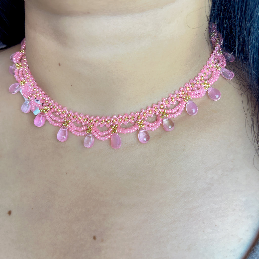 Handmade Pink & Gold Wave Lace Beaded Choker Necklace | Pink Crystal Teardrop Drop Fringe Y2K Princess Collar