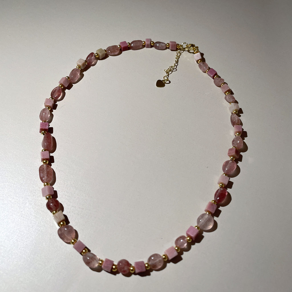 Handmade Strawberry Quartz Mixed Shape Bead Choker Necklace | Pink Natural Stone Gold Spacer