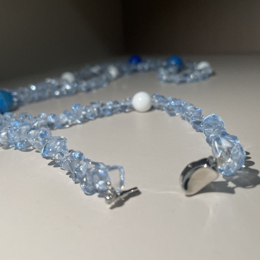 Handmade Crystal Chip & Blue Agate Bead Long Necklace | Wrap Choker Style