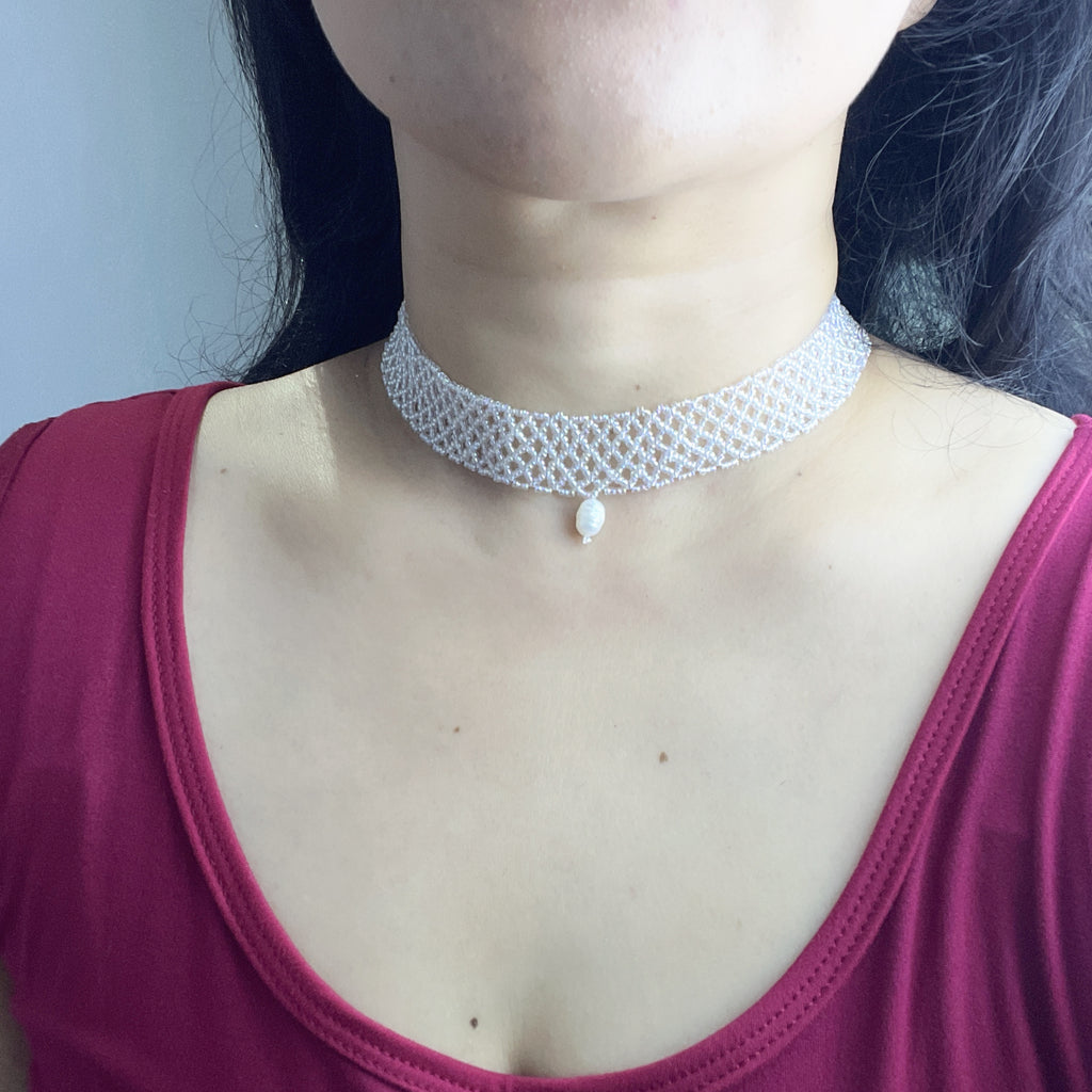Handmade White Transparent Diamond Mesh Beaded Choker Necklace | Heart Pearl Drop Y2K Minimalist Collar