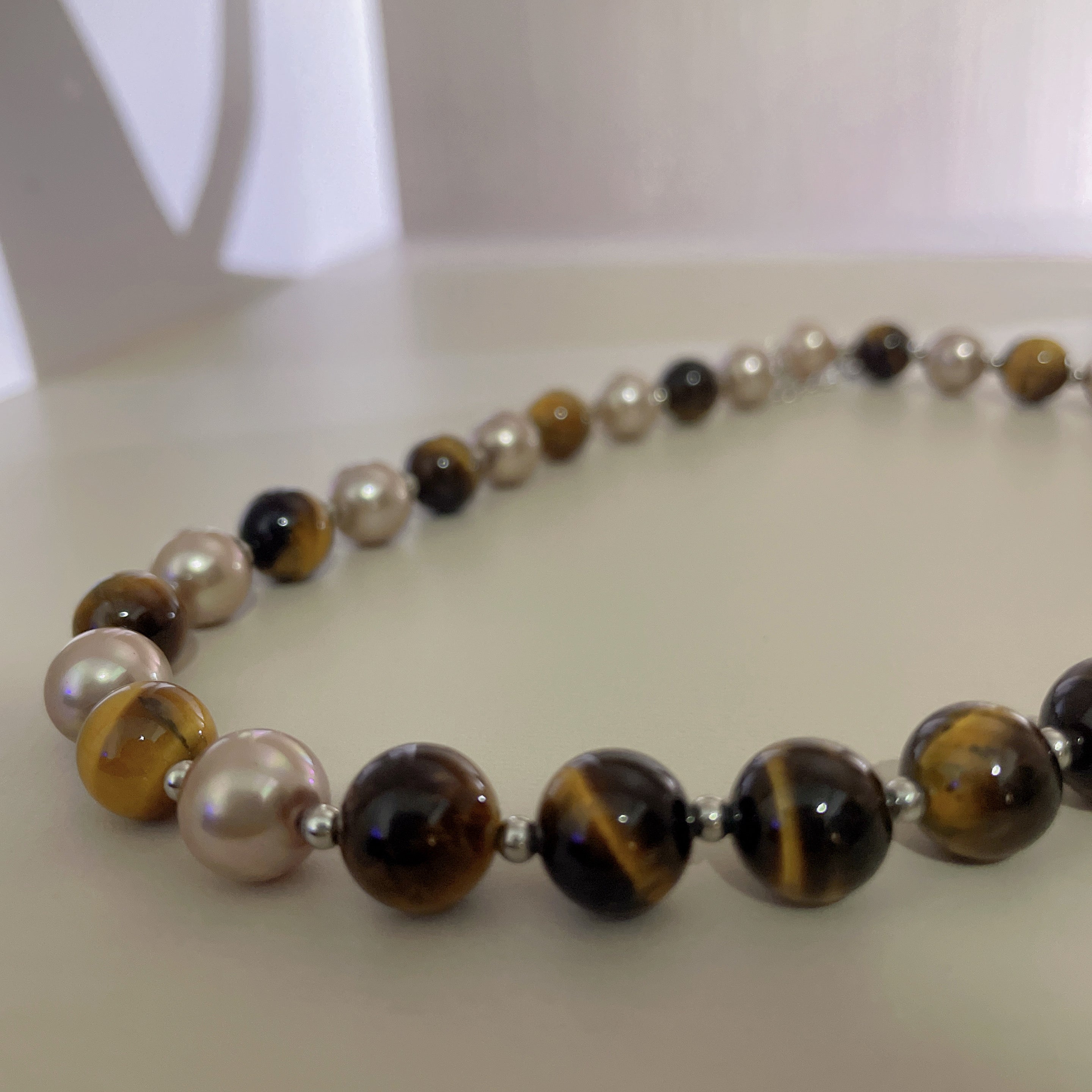 Handmade Tiger Eye & Pink Freshwater Pearl Choker Necklace | Natural Stone Gold Spacer