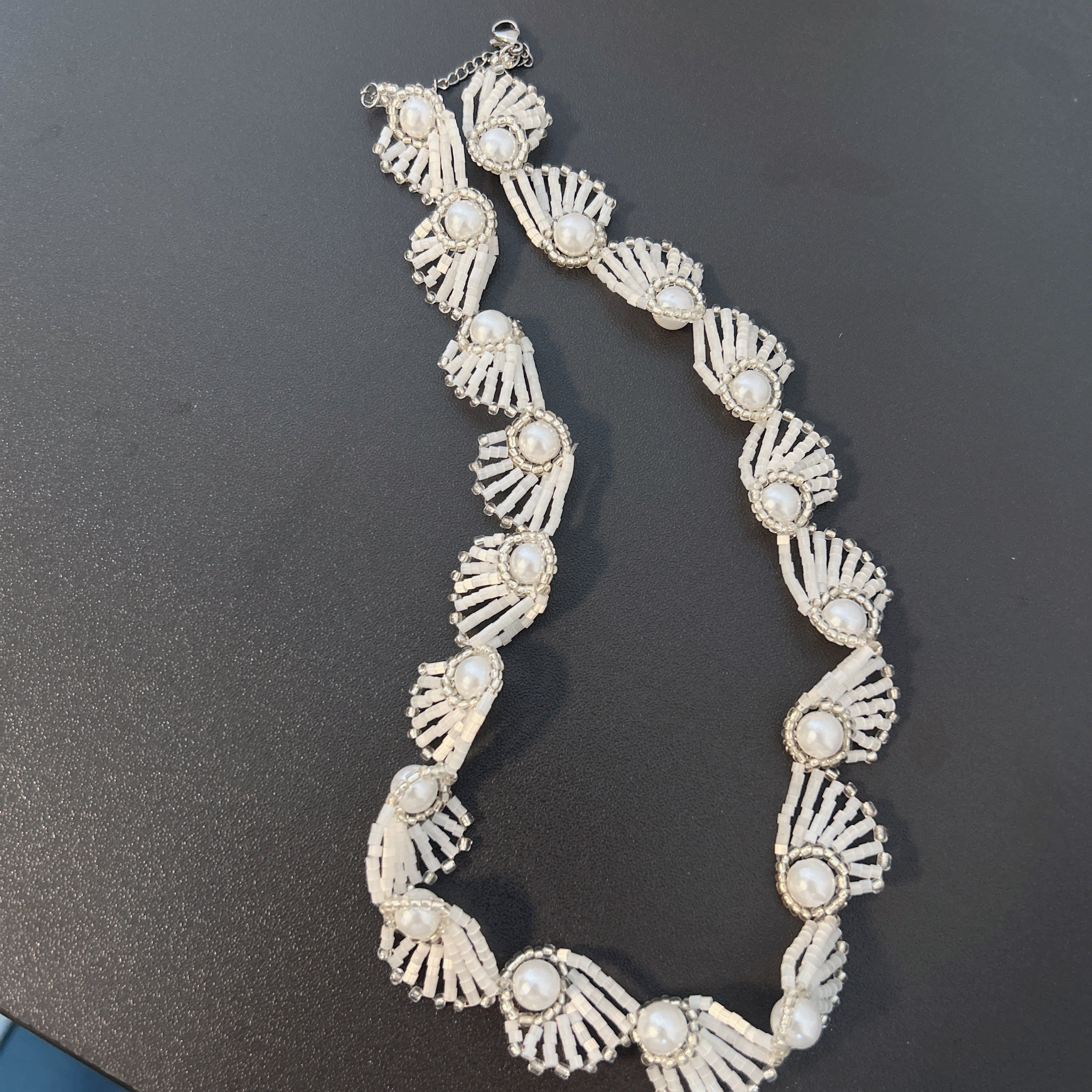 Handmade Silver & White 3D Scallop Shell Flower Garland Choker Necklace | Large Pearl Center Bridal Luxe Collar
