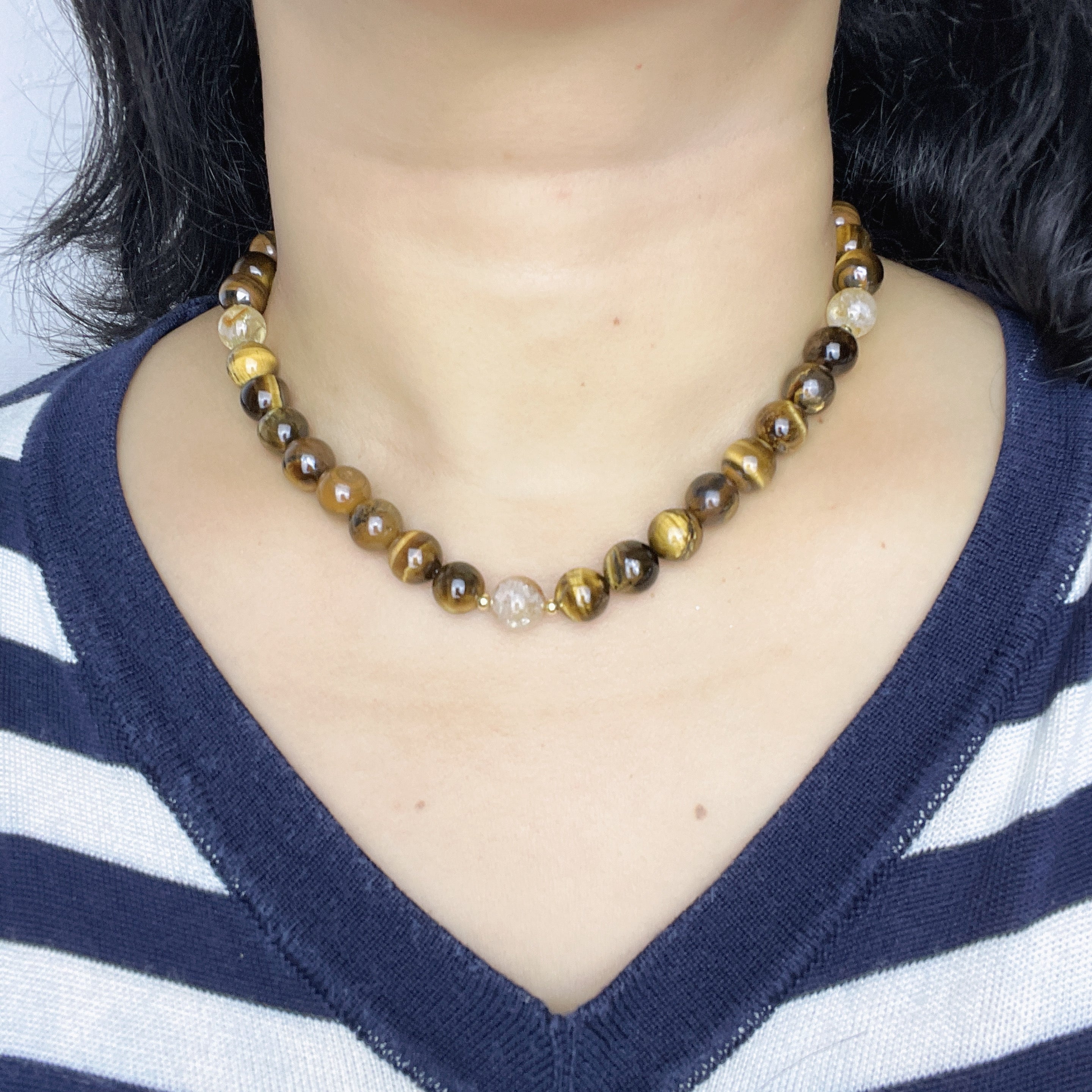 Handmade Tiger Eye Stone & Freshwater Pearl Beaded Necklace | Gold Brown Natural Stone Silver Spacer