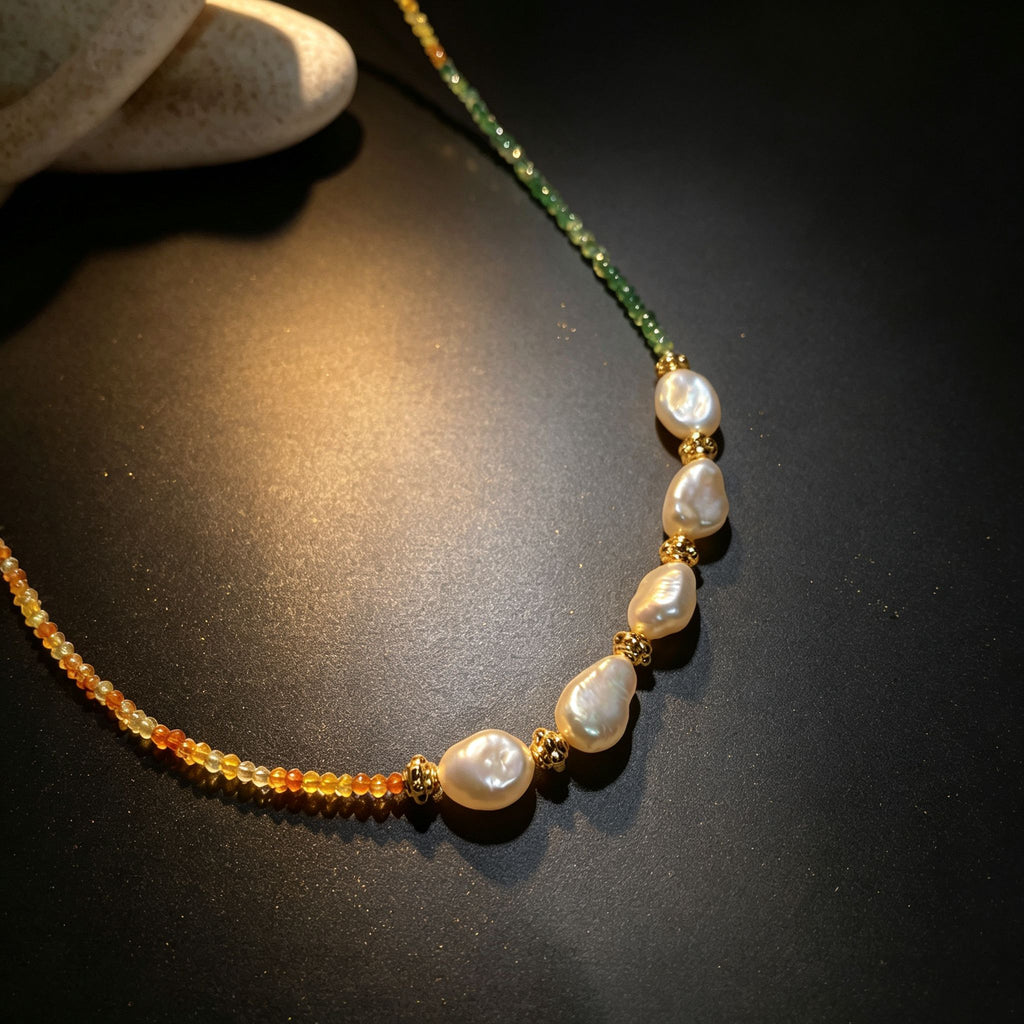 Handmade Green Orange Gradient Crystal Bead Necklace | Baroque Freshwater Pearl Gold Flower Spacer Luxe
