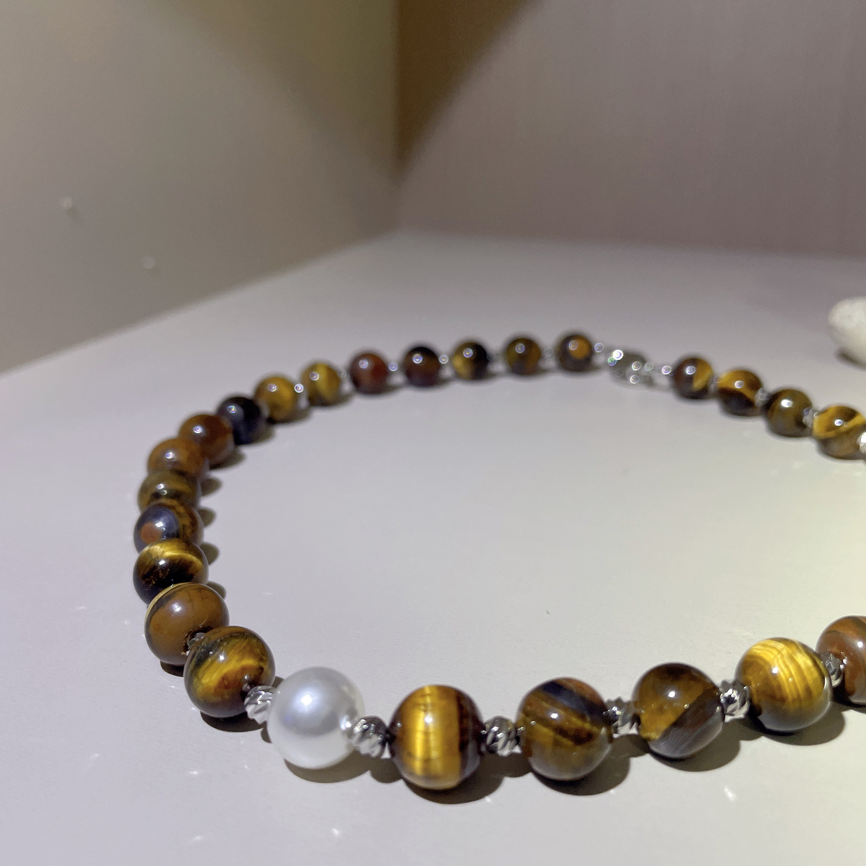 Handmade Tiger Eye Choker Necklace with Baroque Pearl Focal | Silver Spacer Natural Stone