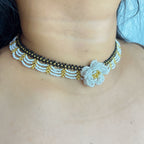 Handmade Black & White Wave Lace Beaded Choker Necklace | 3D White Rose Center Yellow-Green Stamen Cottagecore
