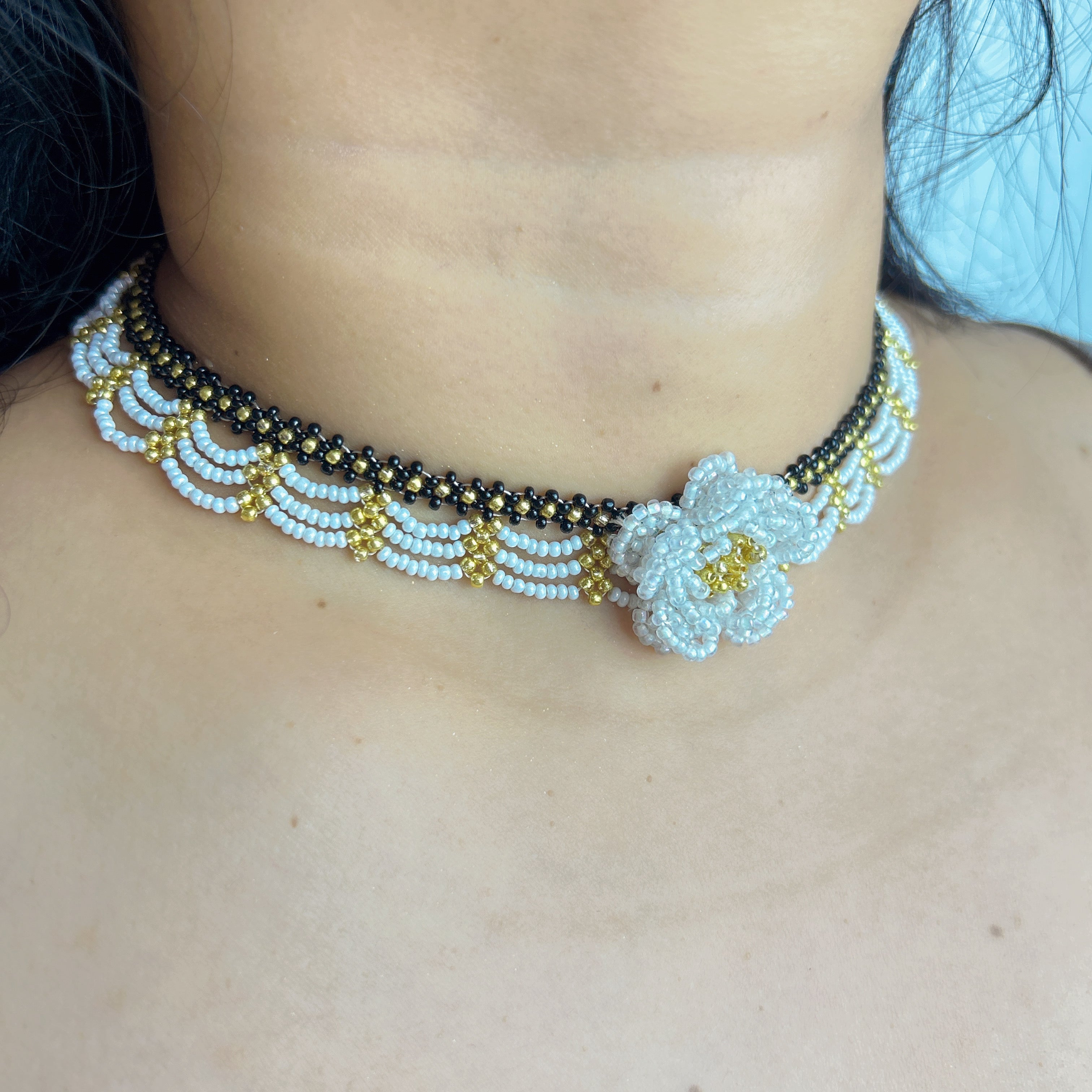 Handmade Black & White Wave Lace Beaded Choker Necklace | 3D White Rose Center Yellow-Green Stamen Cottagecore