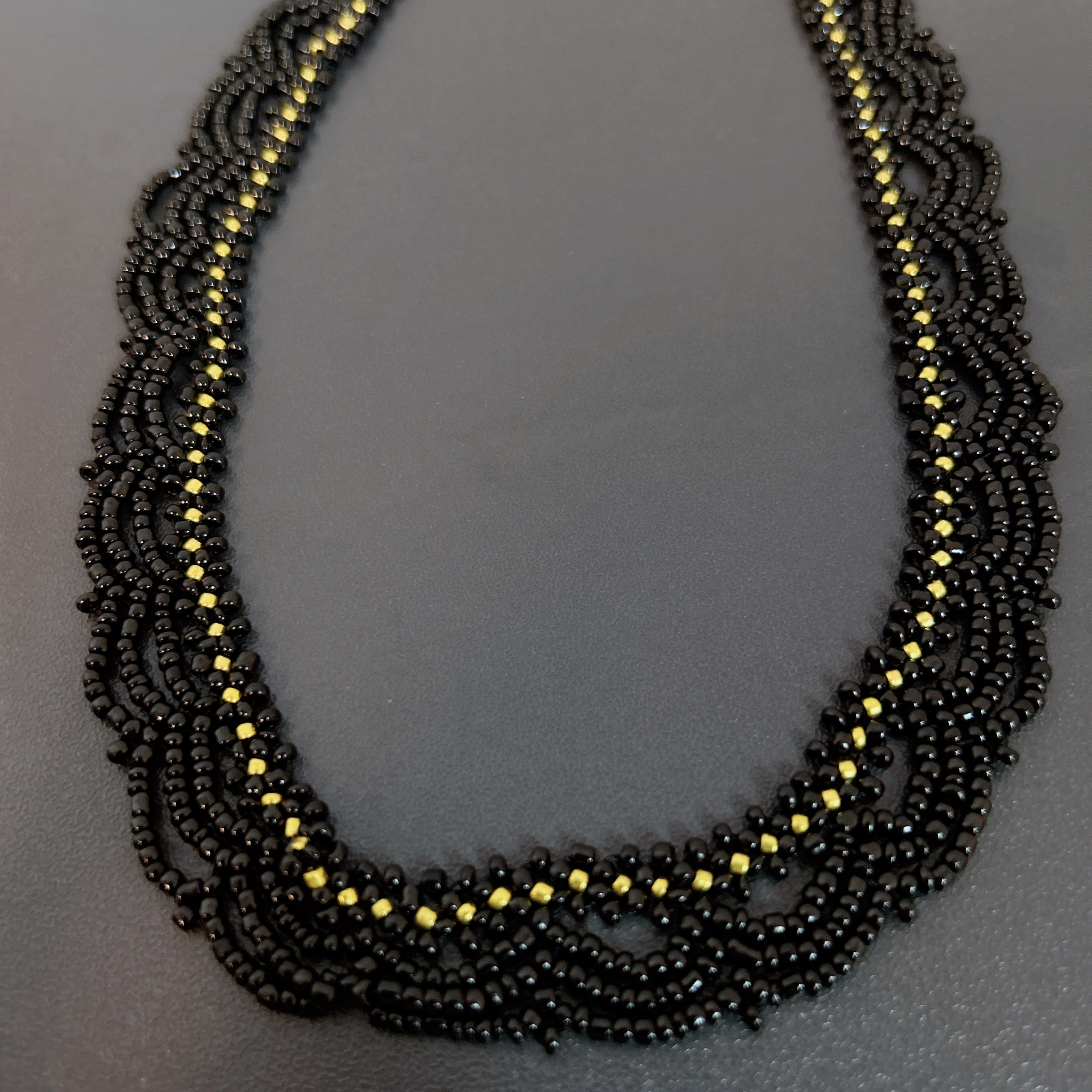 Handmade Black & Olive Green Multi-Strand Drape Wave Beaded Choker Necklace | Gothic Vintage Luxe Statement Collar