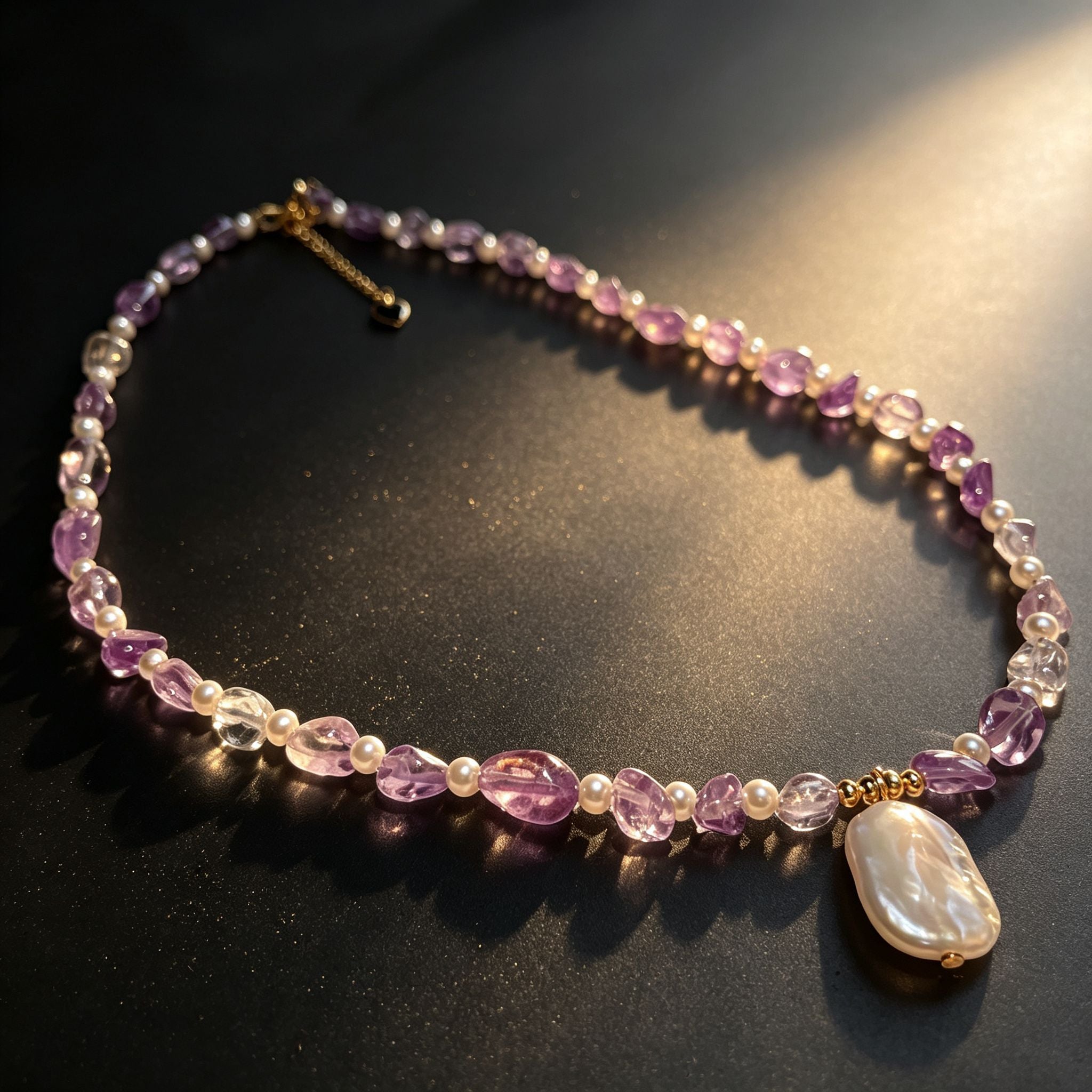 Handmade Amethyst & Citrine Crystal Baroque Pearl Beaded Necklace | Purple Yellow Natural Stone Luxe