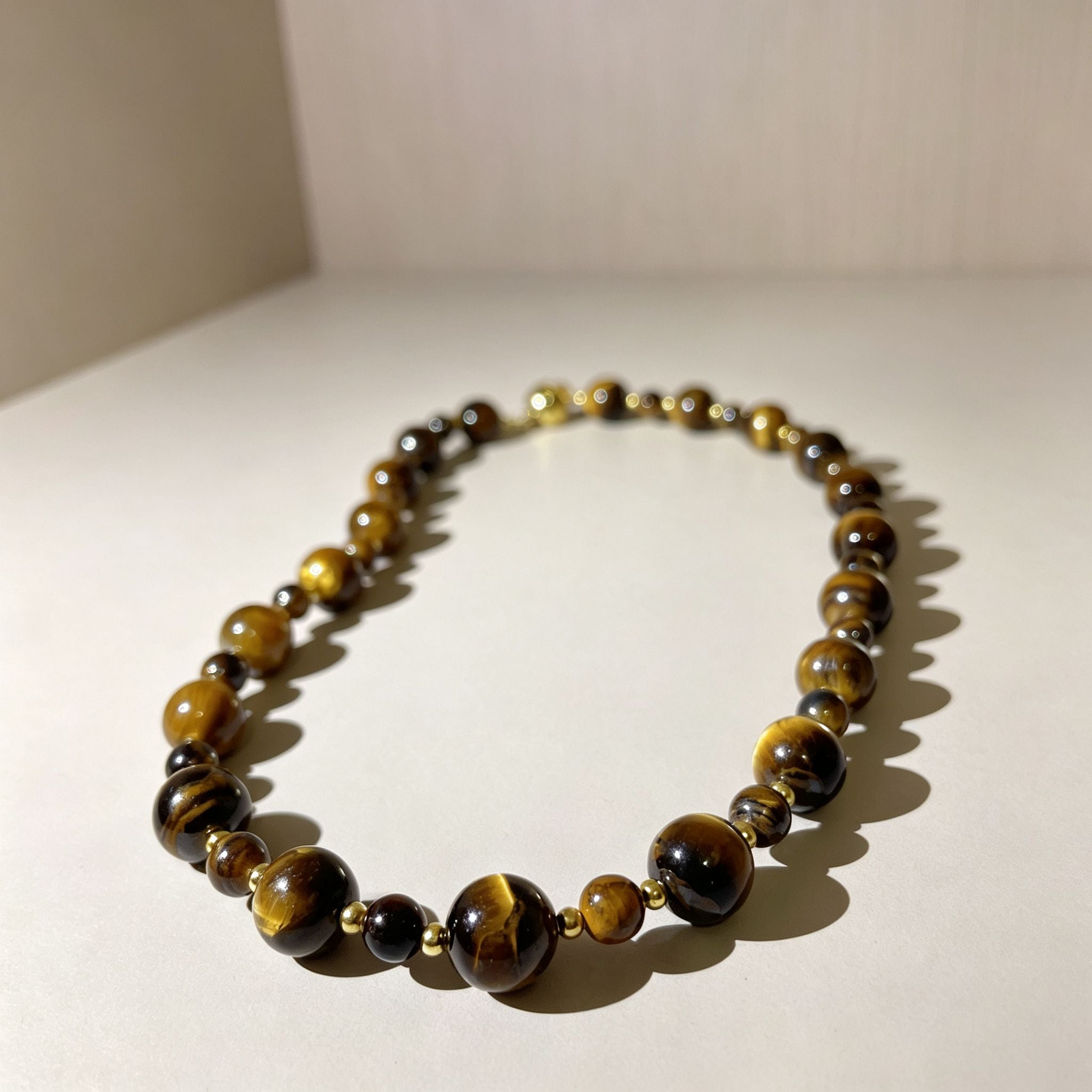 Handmade Graduated Tiger Eye Bead Choker Necklace | Natural Stone Gold Spacer
