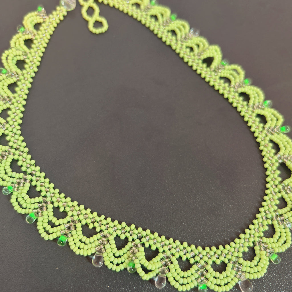 Handmade Apple Green & White Multi-Layer Scallop Wave Lace Beaded Choker Necklace | Bead Drop Fringe Spring Cottagecore Collar