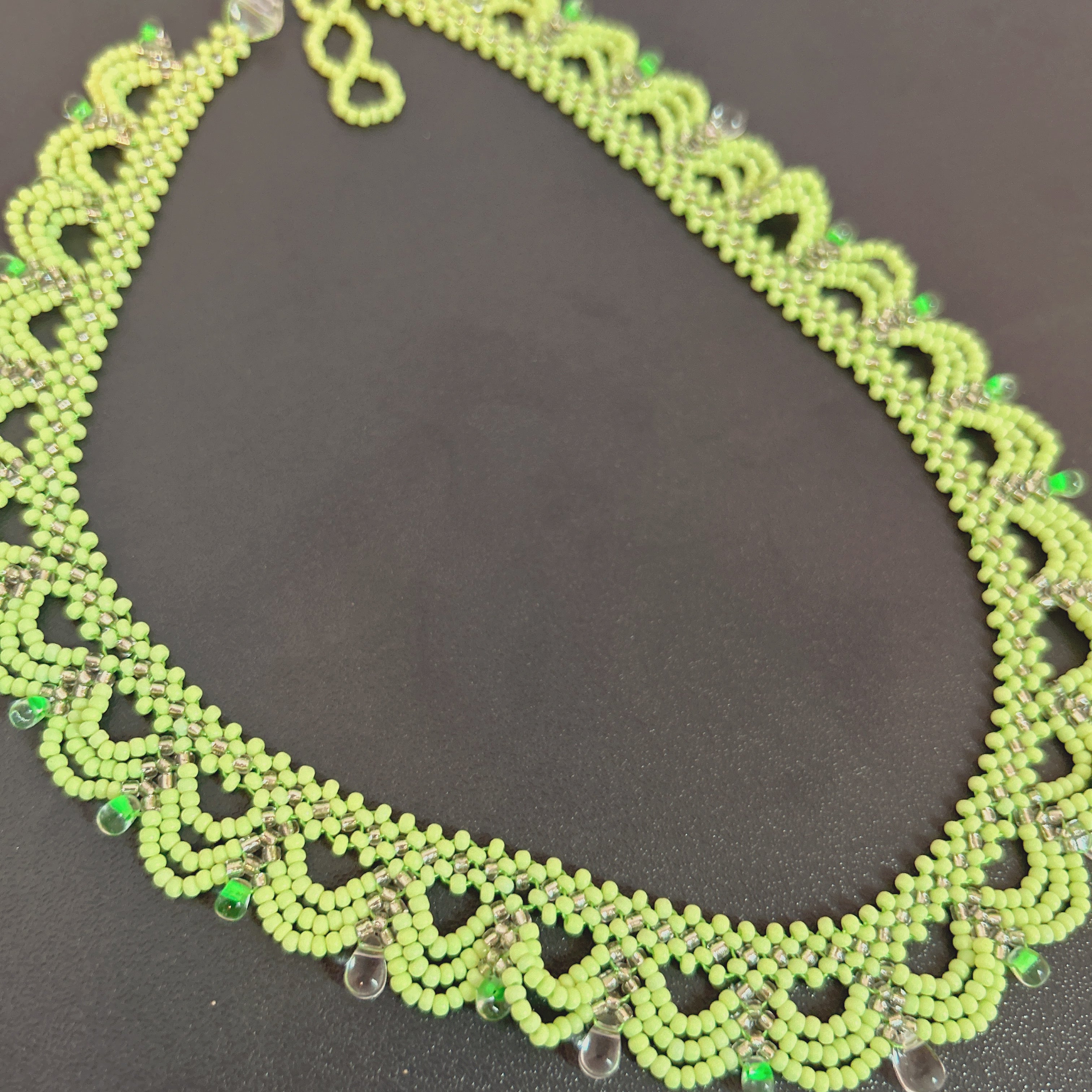 Handmade Apple Green & White Multi-Layer Scallop Wave Lace Beaded Choker Necklace | Bead Drop Fringe Spring Cottagecore Collar