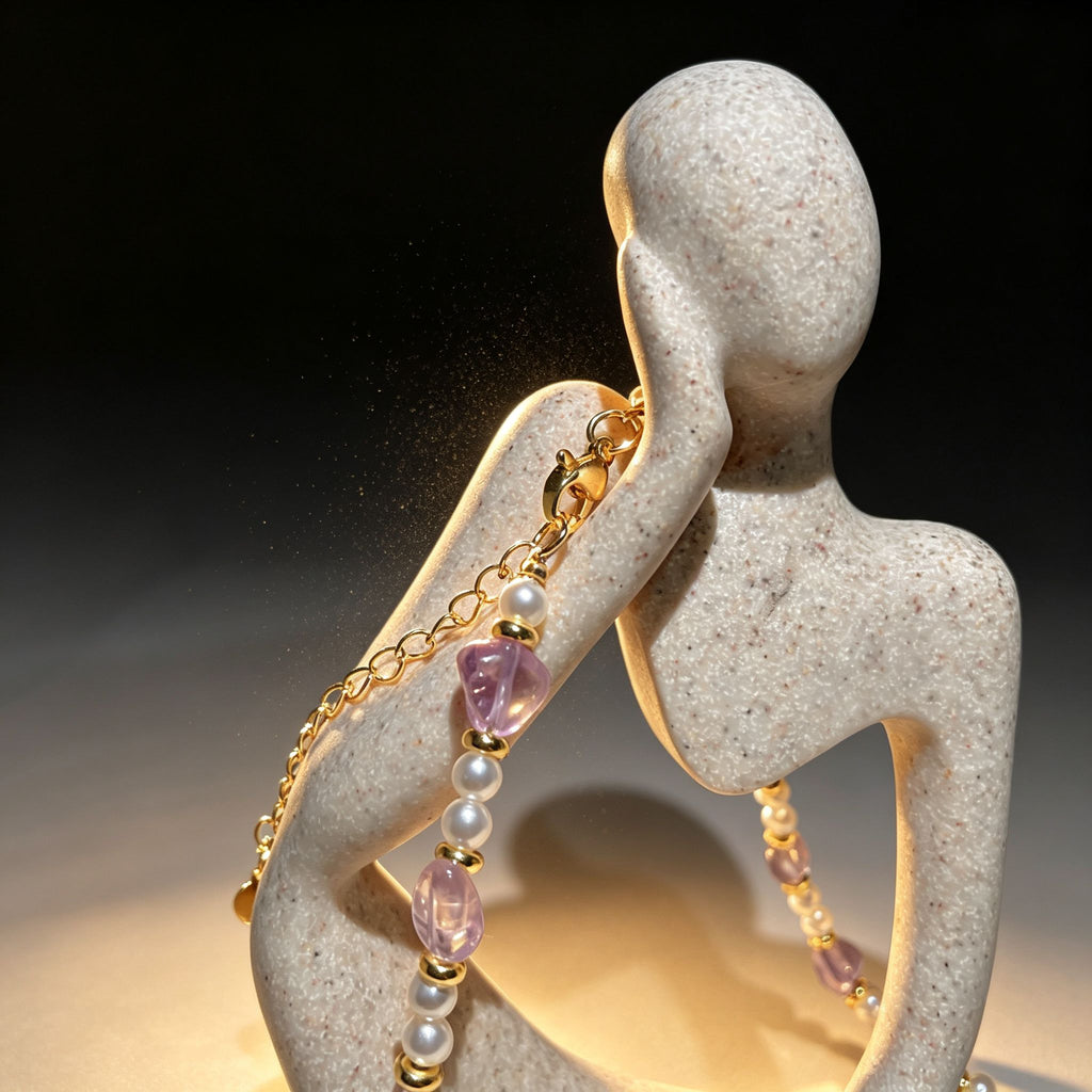 Handmade Amethyst Tumbled Stone & Pearl Choker Necklace | Gold Spacer Natural Stone Jewelry