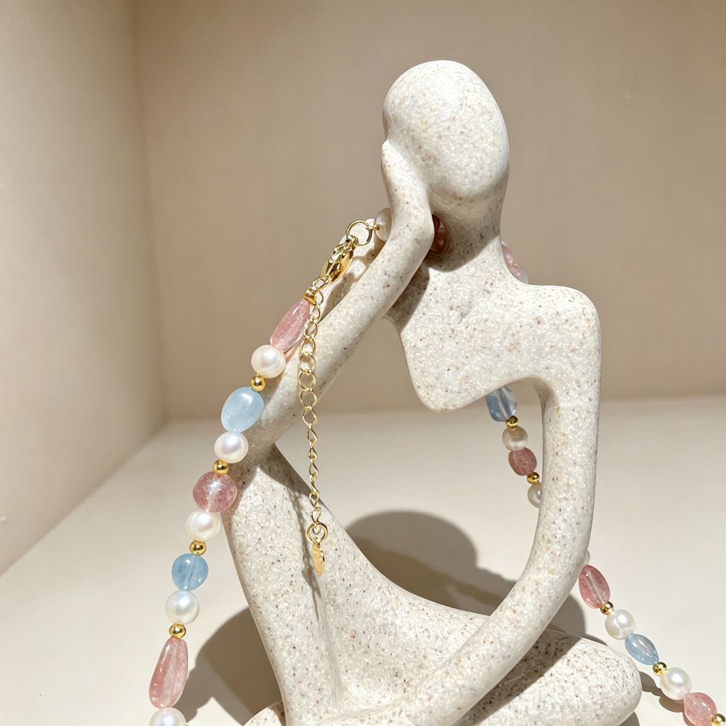 Handmade Morganite Pearl & Aquamarine Mixed Stone Choker Necklace | Pastel Pink Blue Gold