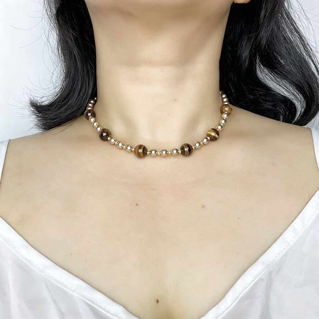 Handmade Tiger Eye & Metal Bead Choker Necklace | Natural Stone Silver Gold Spacer