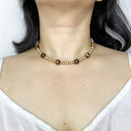 Handmade Tiger Eye & Metal Bead Choker Necklace | Natural Stone Silver Gold Spacer