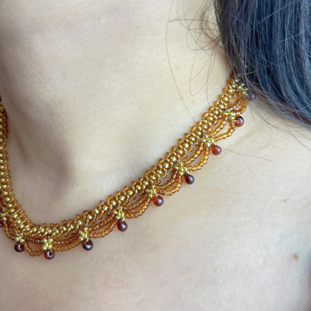 Handmade Gold & Brown Multi-Layer Wave Lace Beaded Choker Necklace | Brown Bead Drop Fringe Vintage Luxe Collar