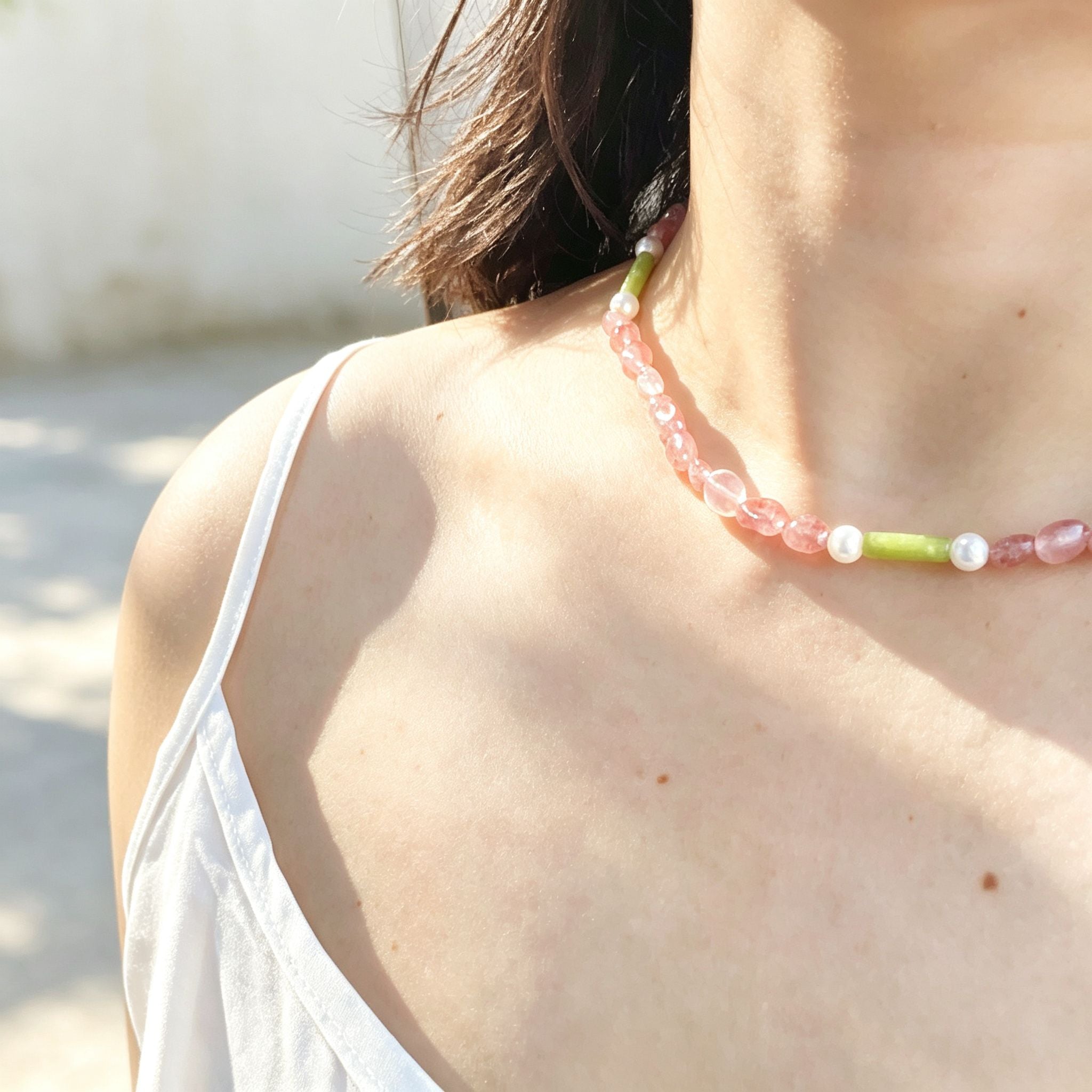 Handmade Strawberry Quartz & Green Jade Tube Pearl Necklace | Gold Lobster Clasp Heart Charm