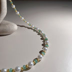Handmade Pearl & Sage Green Seed Bead Choker Necklace | Gold Spacer Elegant Jewelry