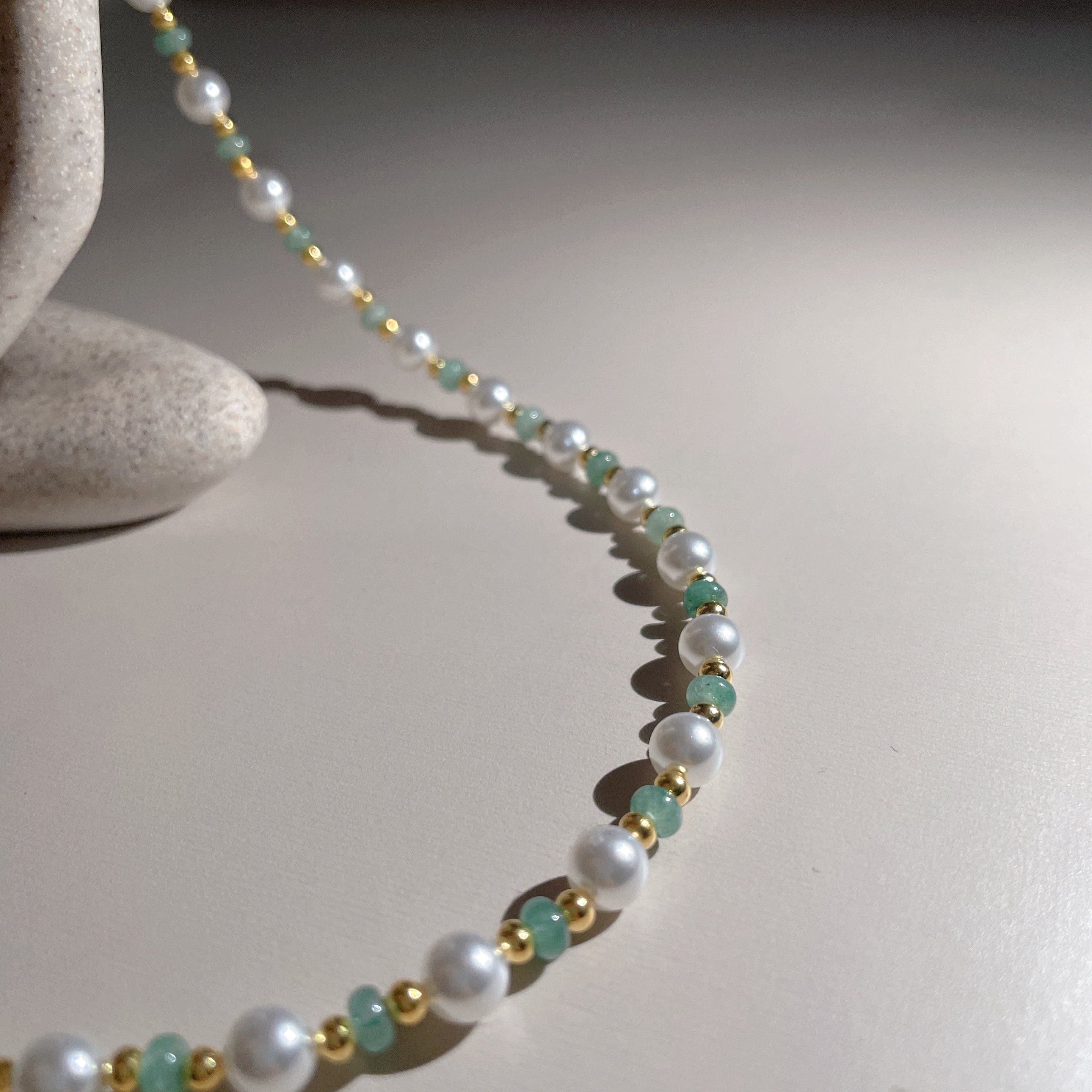 Handmade Pearl & Sage Green Seed Bead Choker Necklace | Gold Spacer Elegant Jewelry