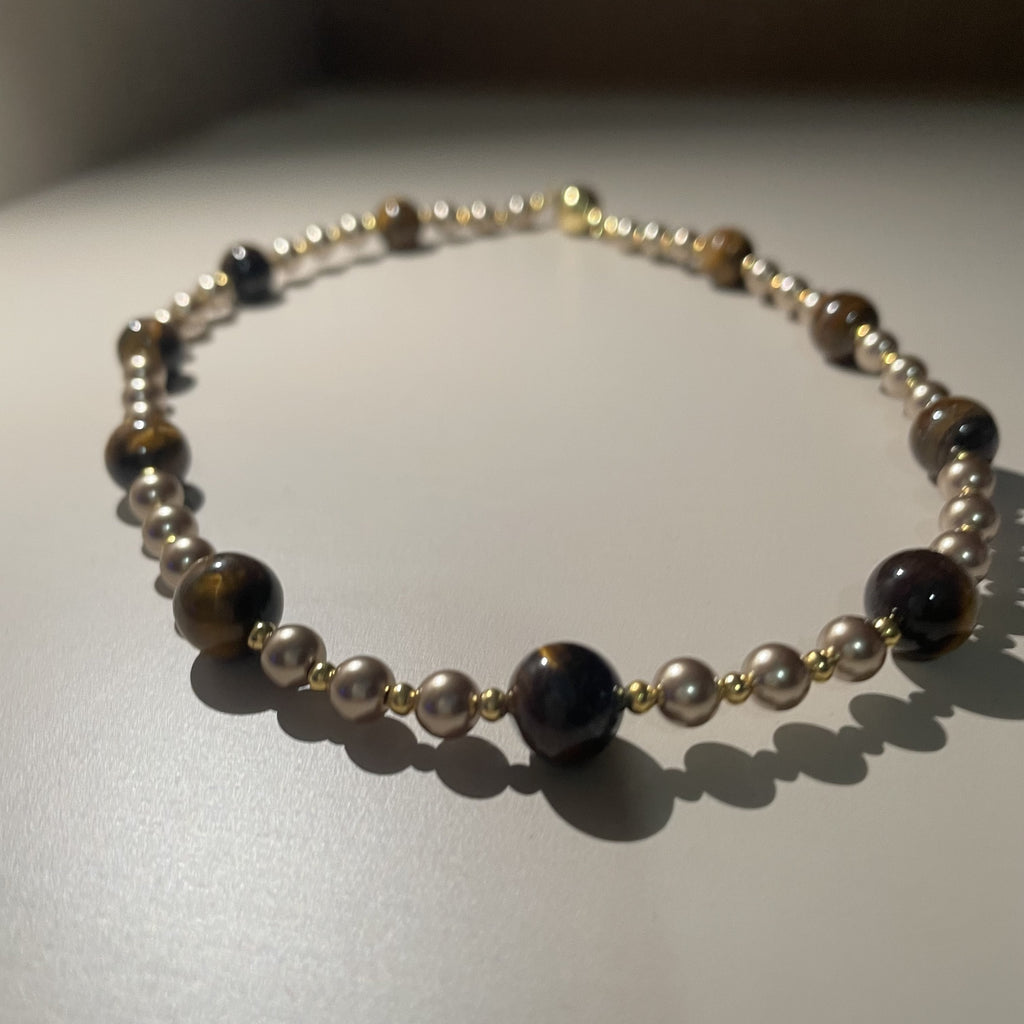 Handmade Tiger Eye & Gold Bead Choker Necklace | Natural Stone Alternating Design