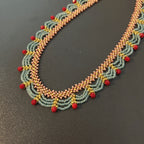 Handmade Rose Gold & Sky Blue Scallop Beaded Choker Necklace | Red Bead Drop Boho Wide Collar