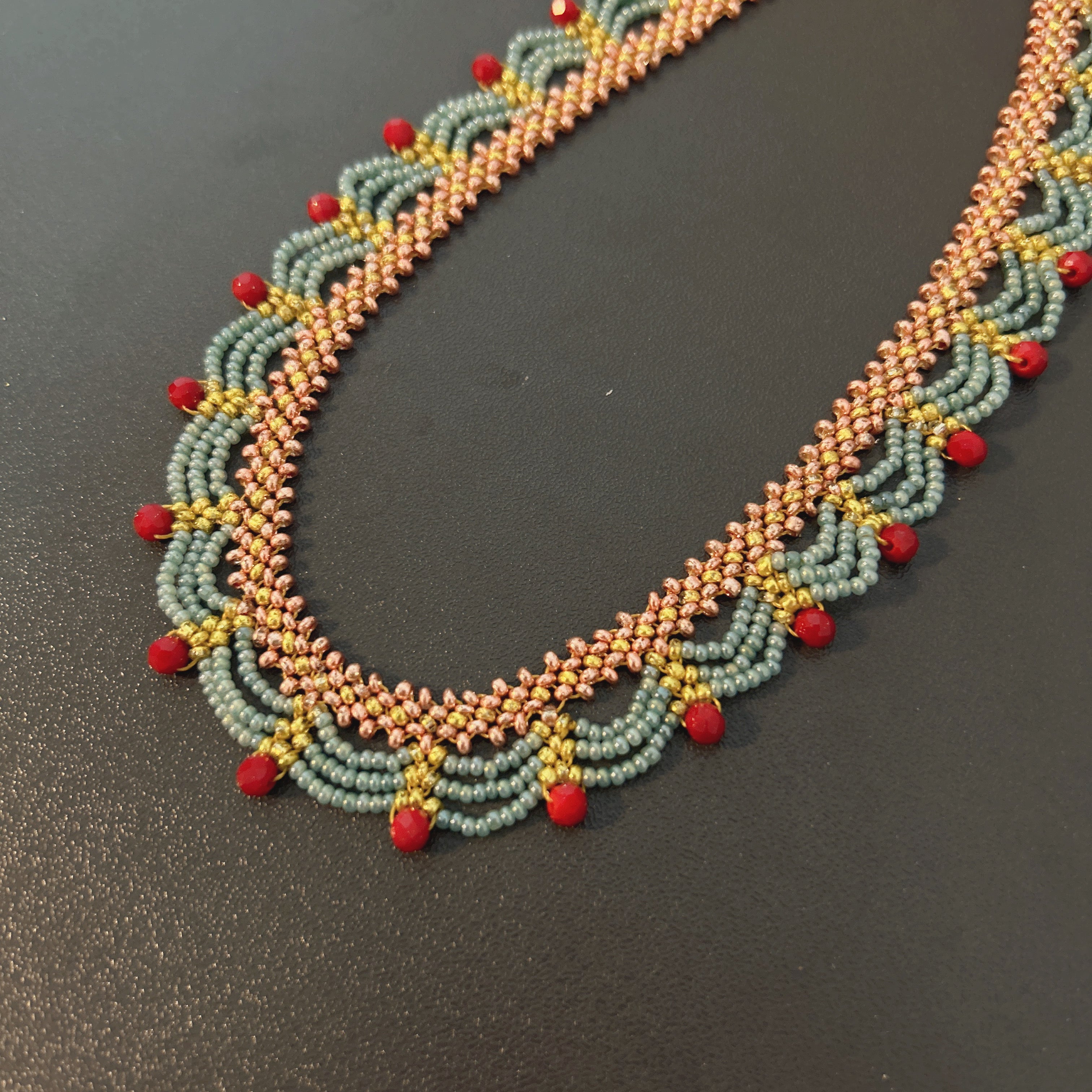 Handmade Rose Gold & Sky Blue Scallop Beaded Choker Necklace | Red Bead Drop Boho Wide Collar