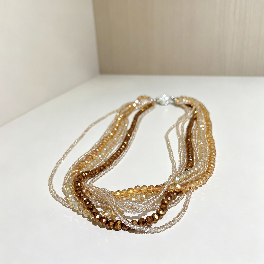 Handmade Multi-Strand Gold Crystal Twisted Choker Necklace | Champagne Layered Statement Collar