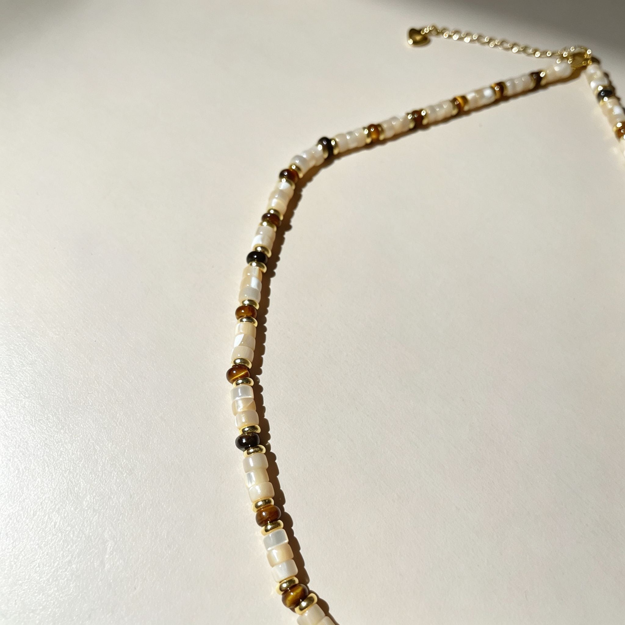 Handmade Cream Seed Bead & Gold Metal Bead Choker Necklace | Minimalist Everyday Jewelry