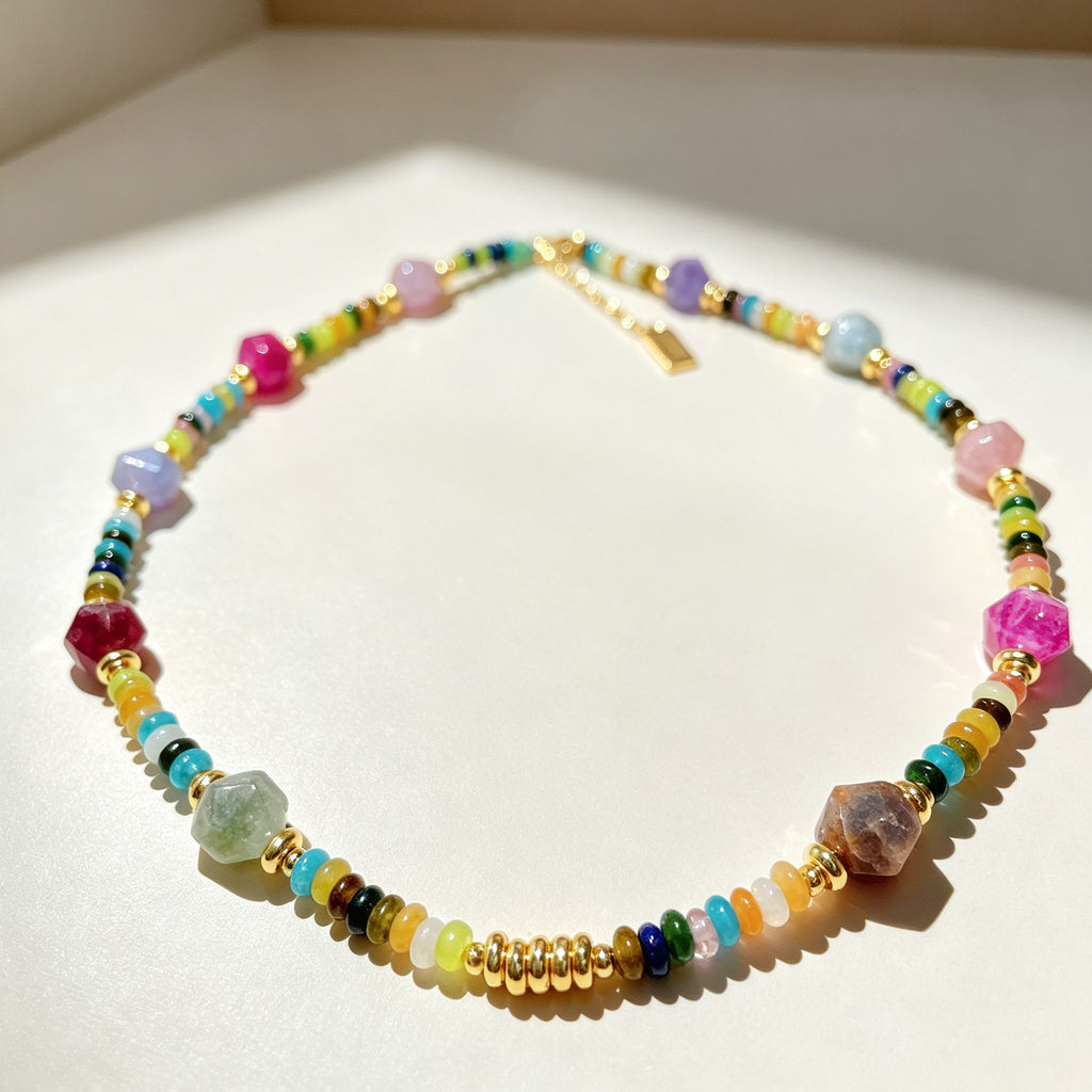 Handmade Multicolor Natural Stone Beaded Necklace | Agate Jasper Faceted Gem Gold Spacer Boho